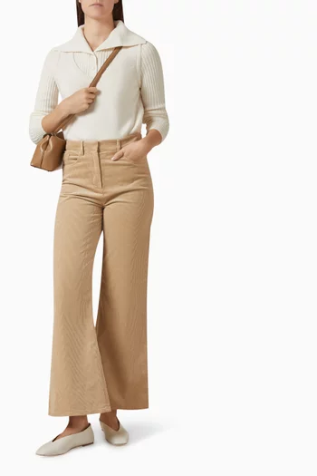 بنطال قطن مخملي مضلع بقصة ساق مستقيمة