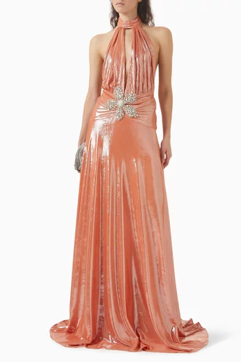 Ruched Crystal Flower Gown