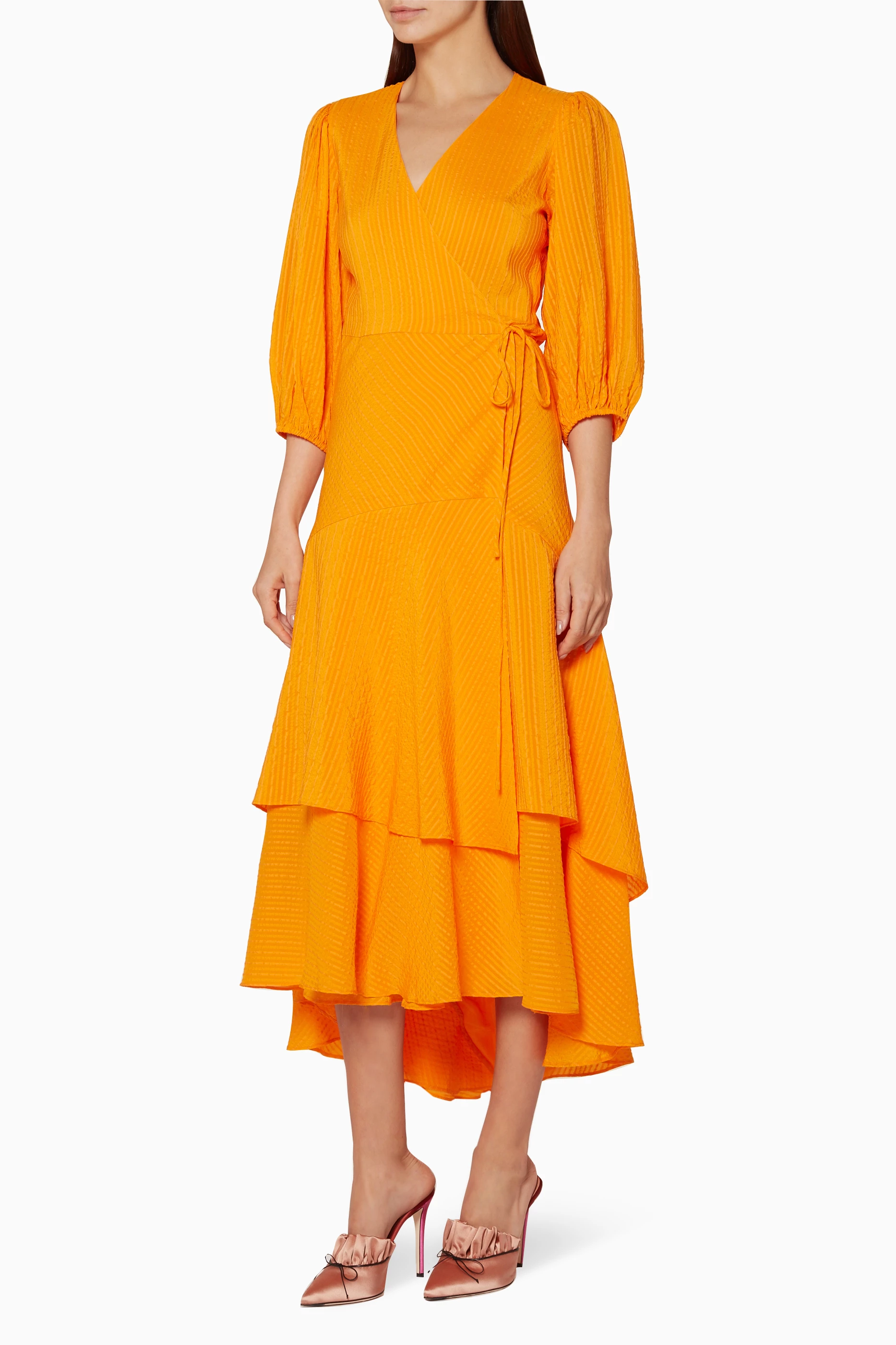 Buy Ganni Orange Orange Wilkie Wrap Dress for Women in Kuwait Ounass