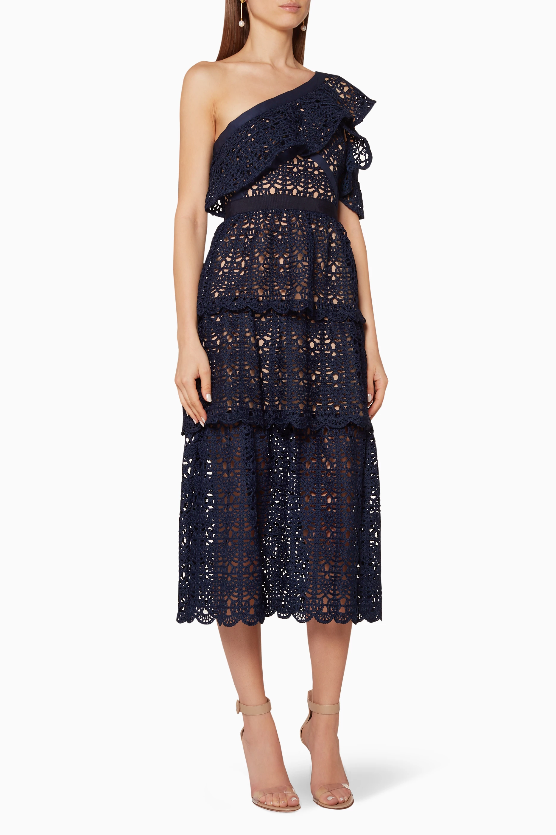Buy Self Portrait Blue Navy One Shoulder Frill Midi Dress for