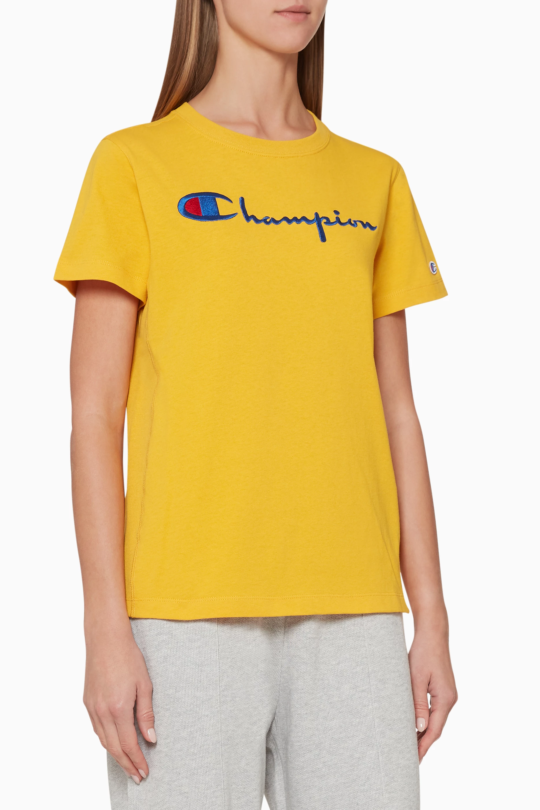 Buy Champion Yellow Script Logo T Shirt for Women in Kuwait Ounass