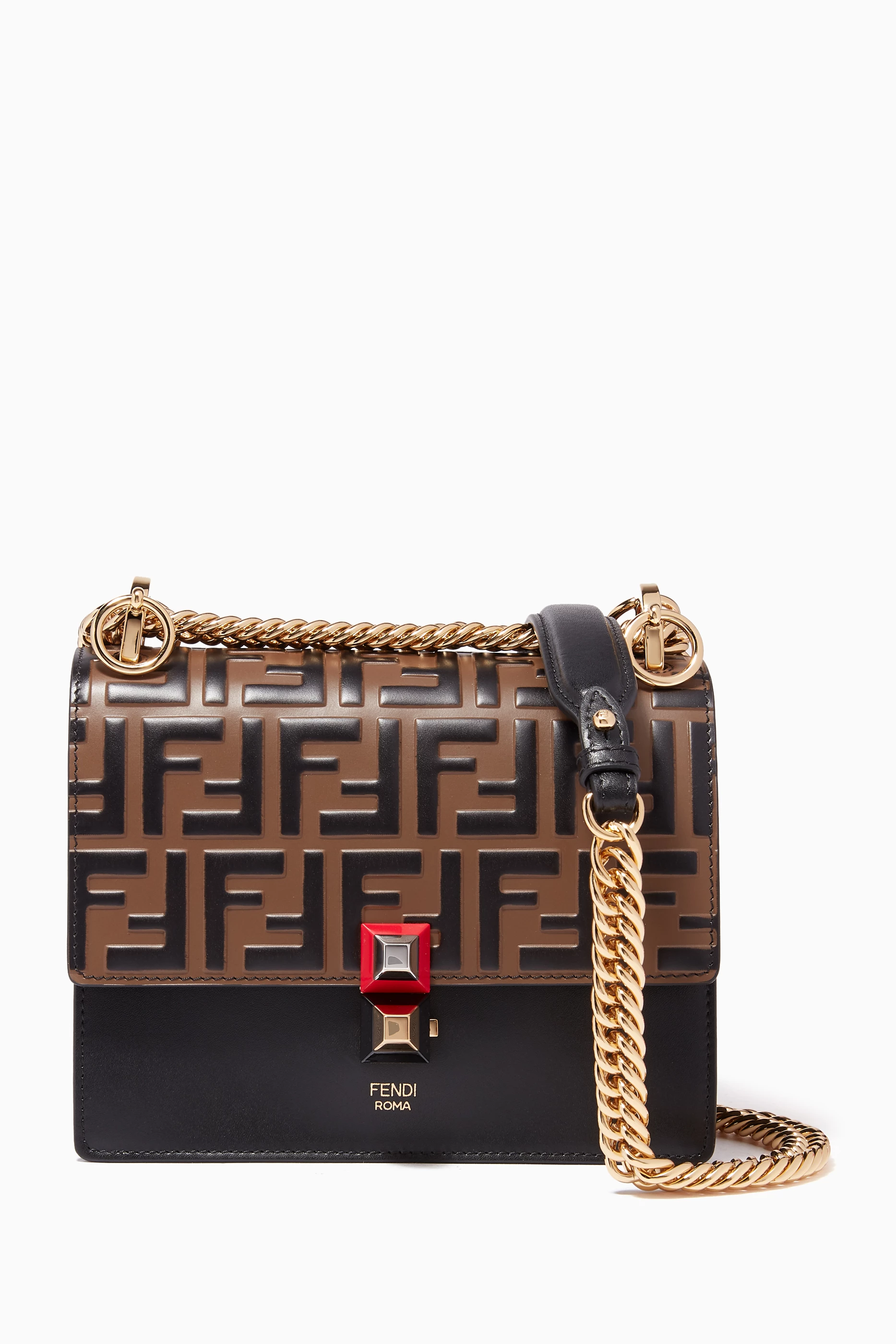 Buy Fendi Black Black Brown Small Kan I Embossed Shoulder Bag