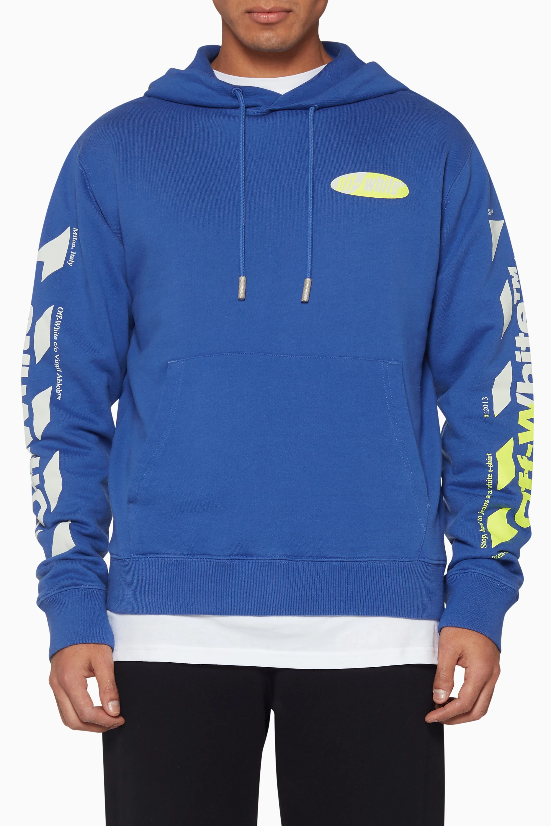 Buy Off White Blue Diagonal Stripe Split Logo Hoodie for Men in
