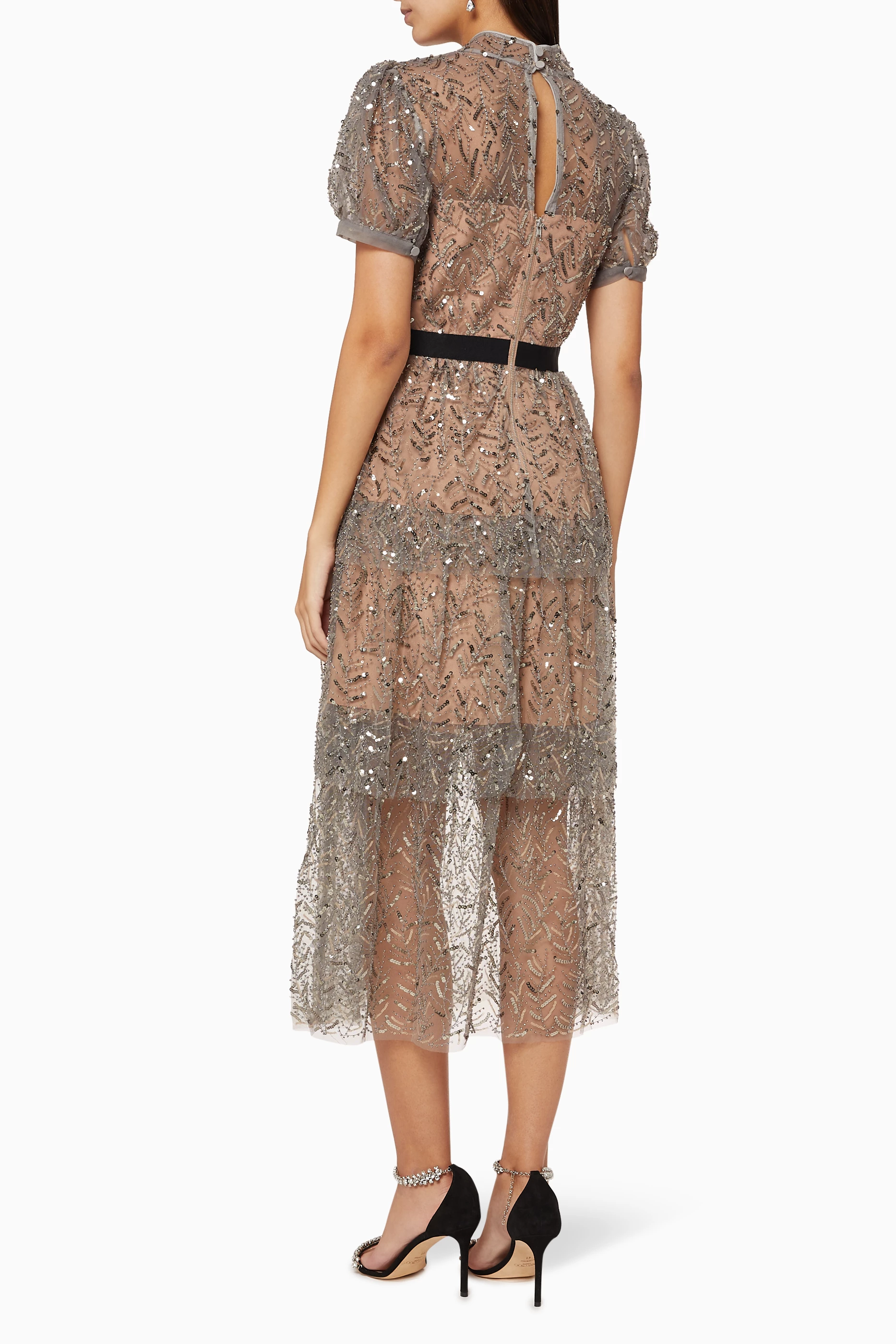 Buy Self Portrait Silver Leaf Sequin Midi Dress for Women in