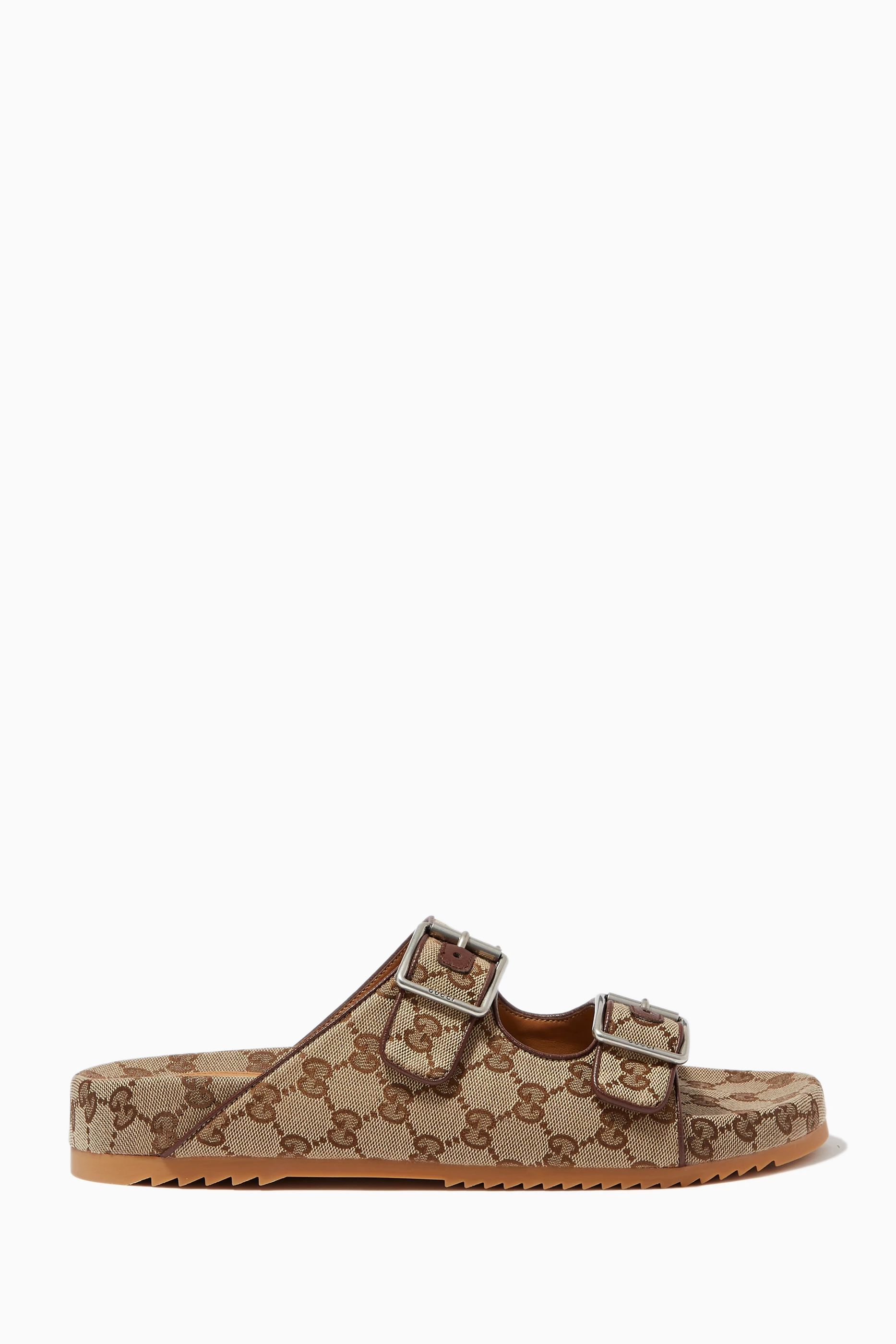 Buy Gucci Neutral Slide Sandals with Straps in Original GG Canvas