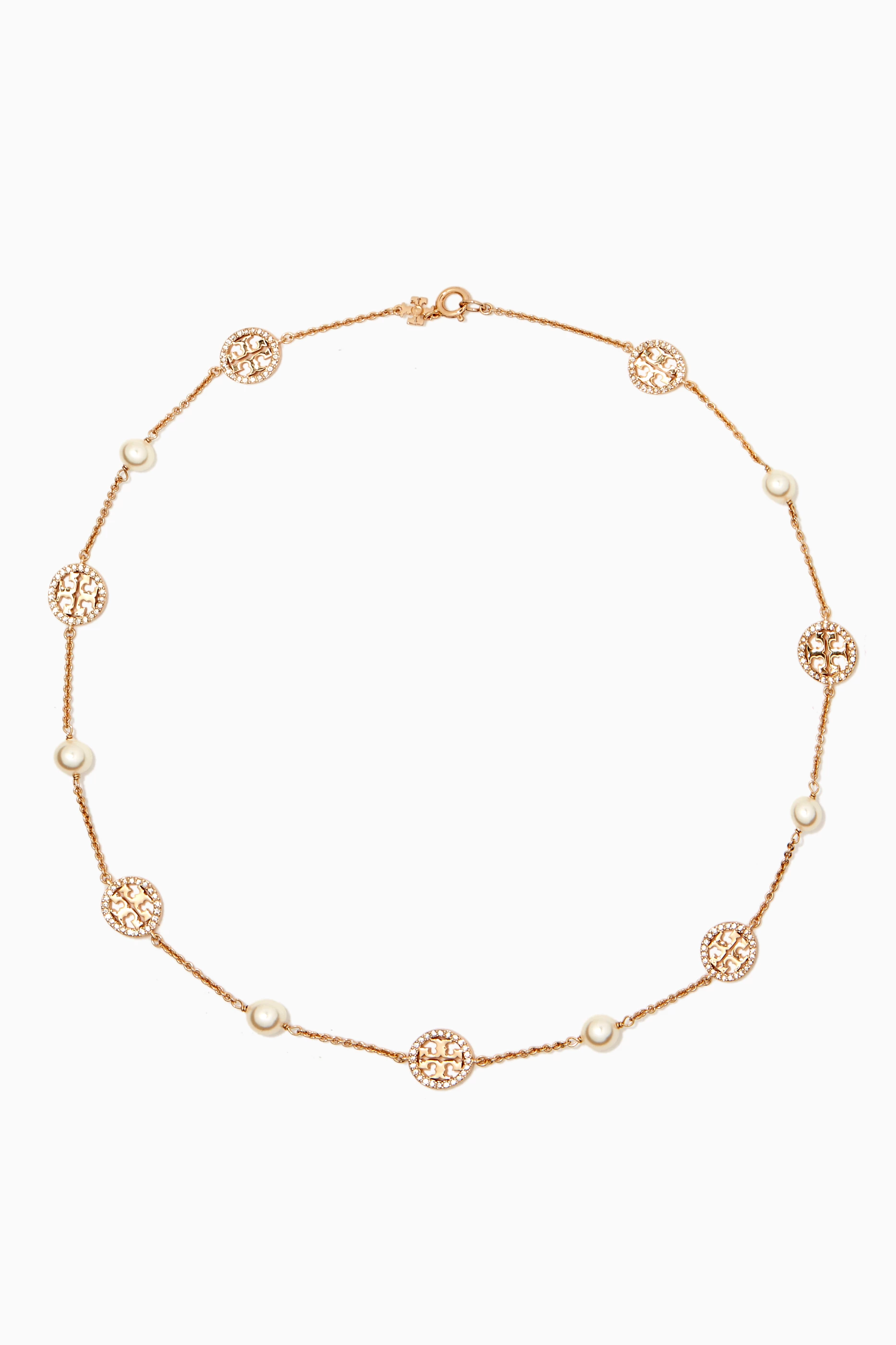 Shop Tory Burch Gold Crystal Pearl Logo Necklace for WOMEN | Ounass Kuwait