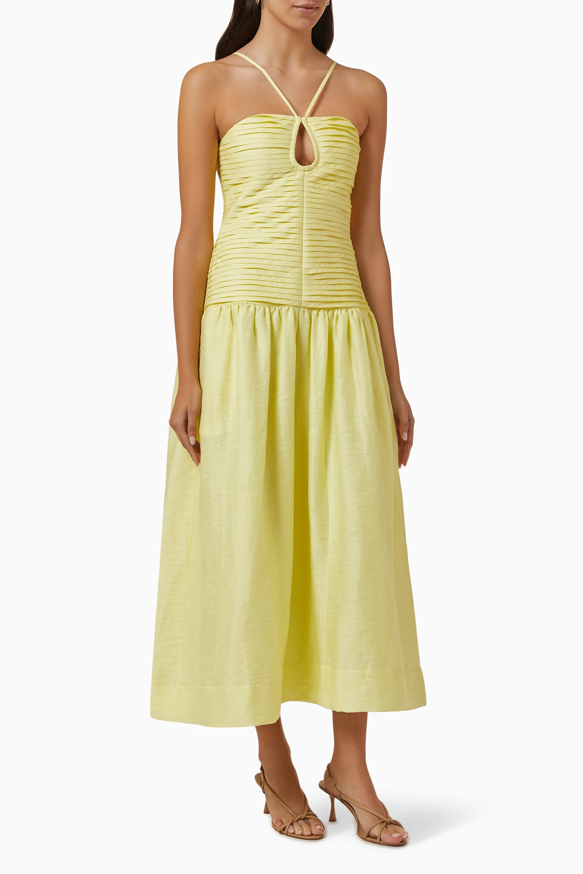 Buy SHONA JOY Yellow Thea Keyhole Midi Dress in Linen for Women in