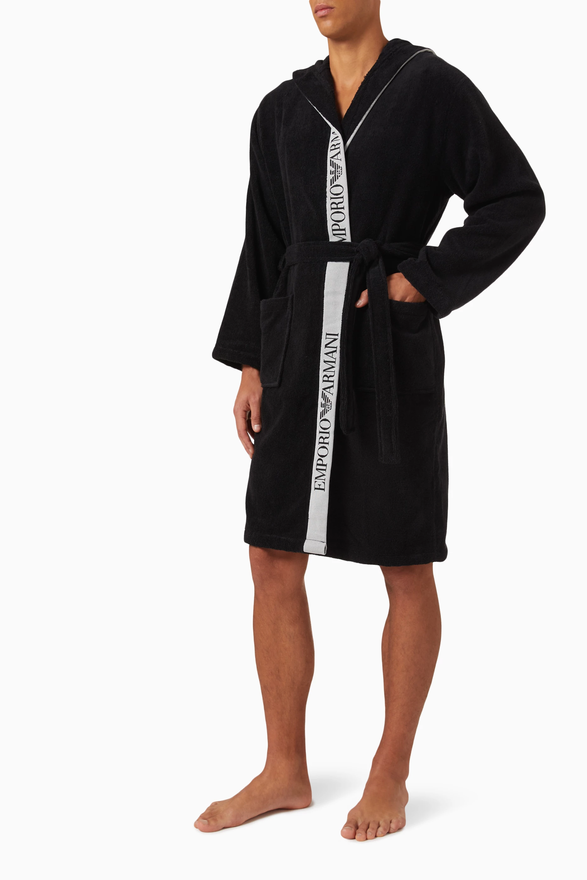 Buy Emporio Armani Black Logo Bathrobe in Cotton Terry for Men in
