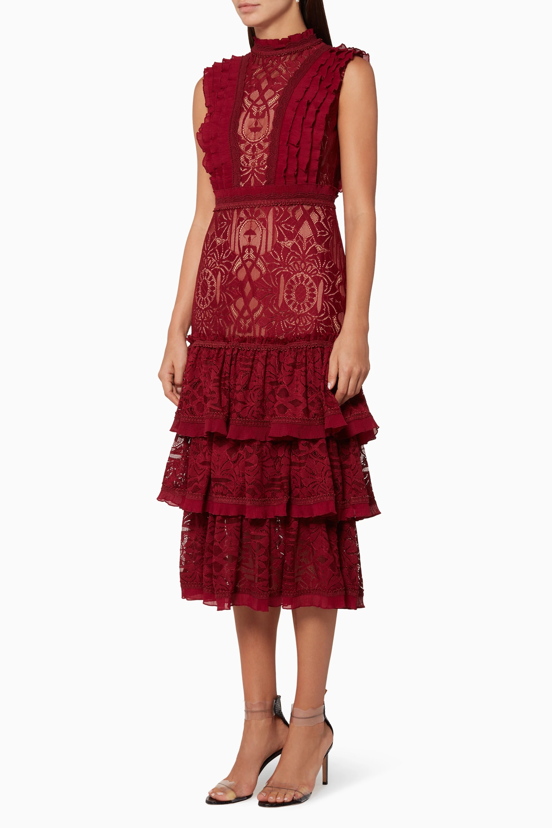 Buy Simkhai Burgundy Scarlet-Red Tower Tiered-Skirt Lace Dress for Women  Online | Ounass Kuwait