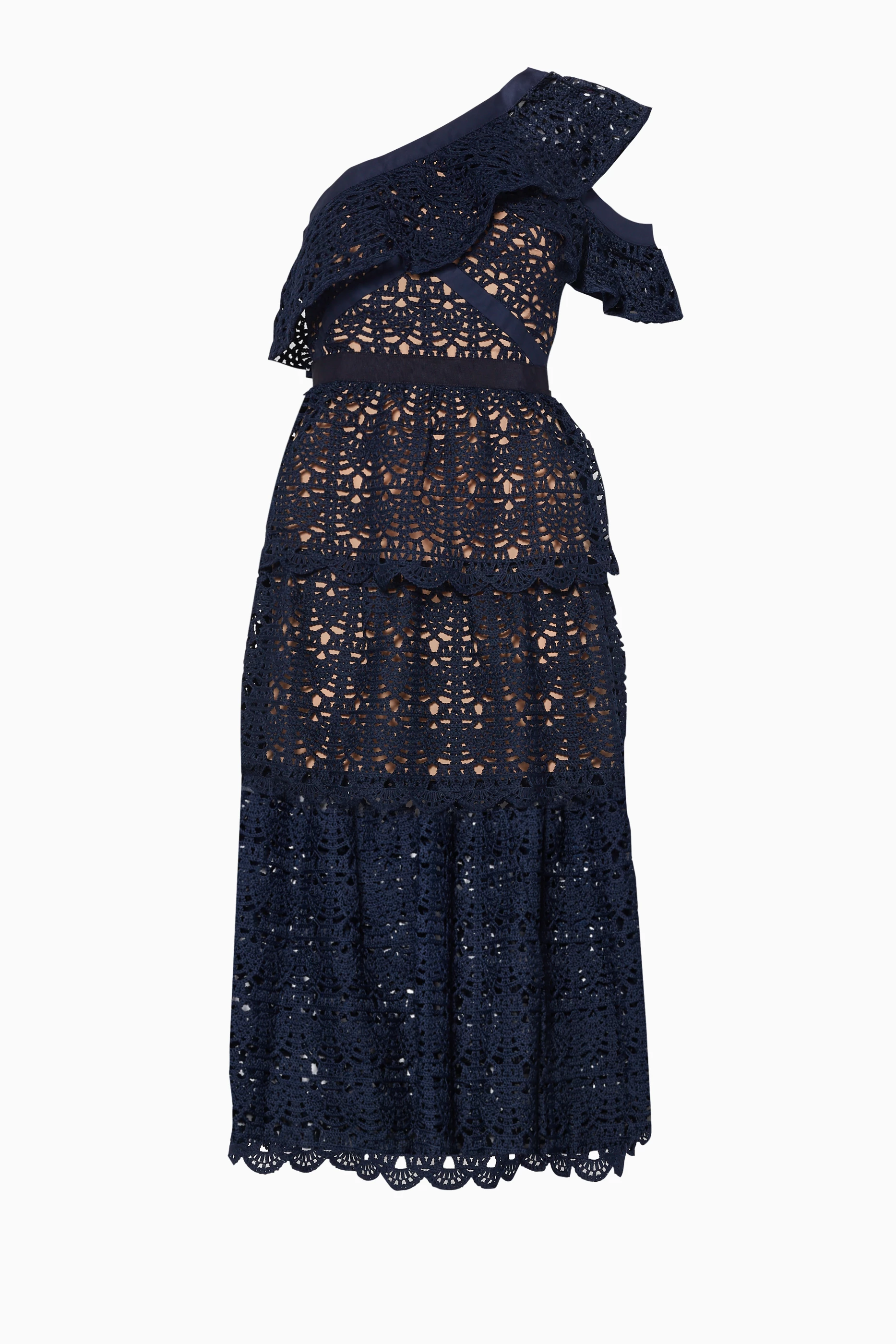 Buy Self-Portrait Blue Navy One Shoulder Frill Midi Dress