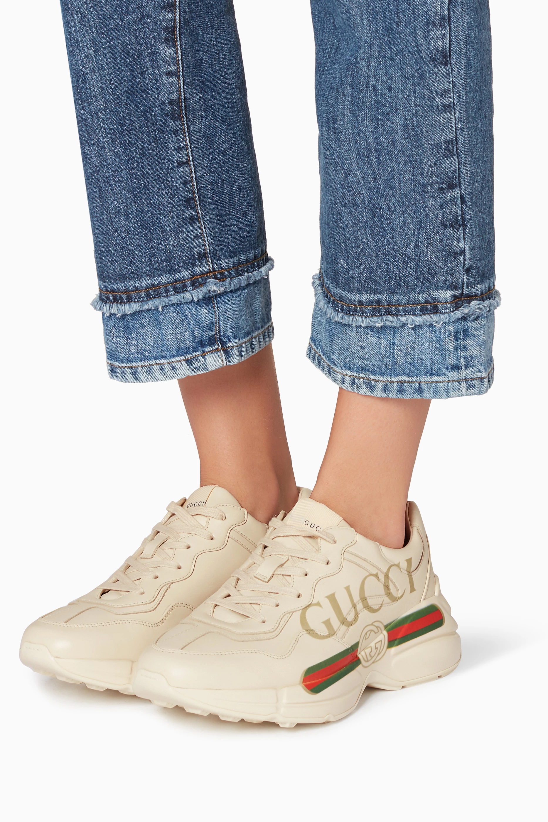 Buy Gucci White Ivory Rhyton Gucci logo leather Sneakers for Women