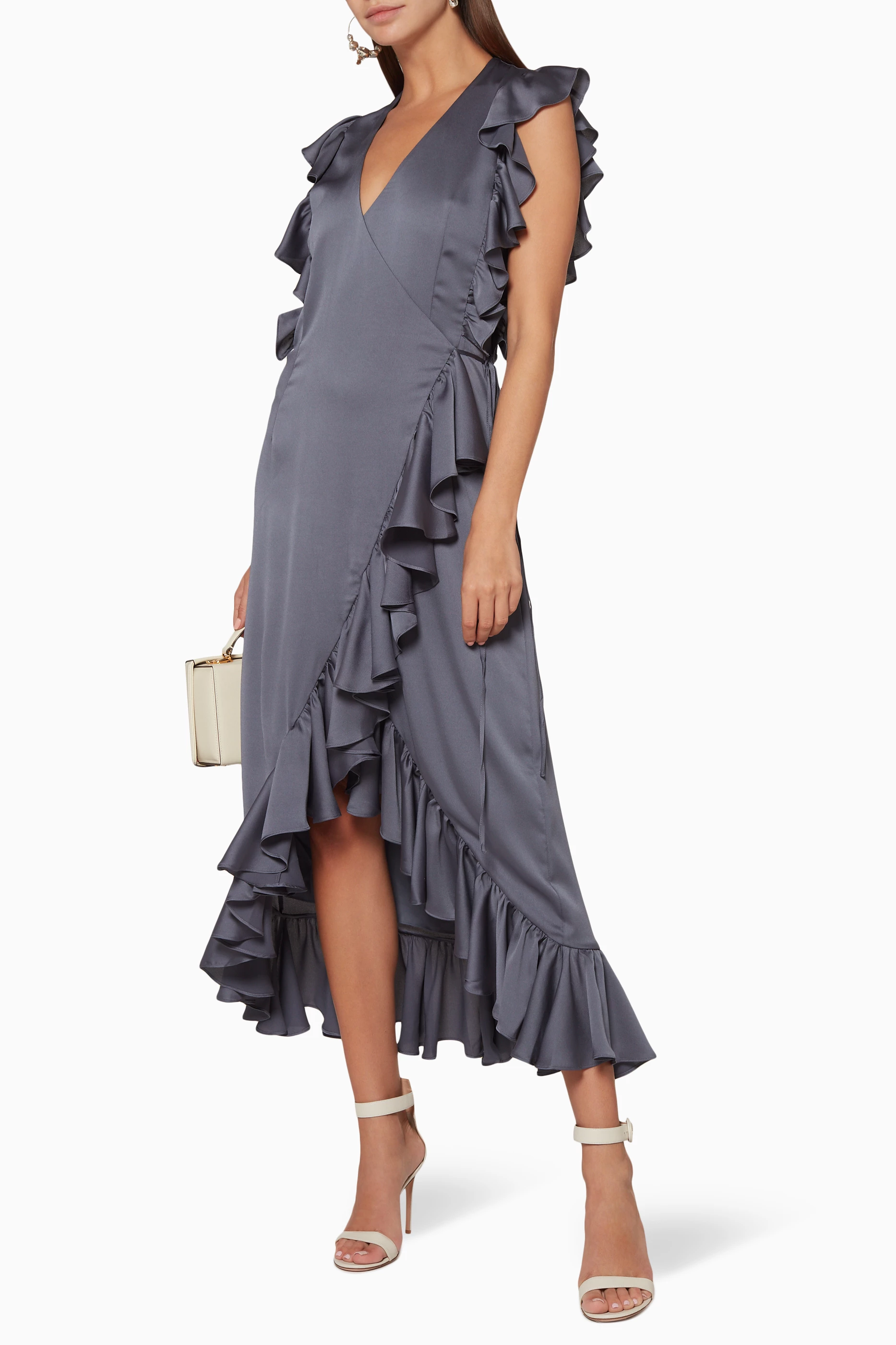 shona joy grey dress Shona Joy - La Lune High Neck Cowl Maxi Dress - Graphite