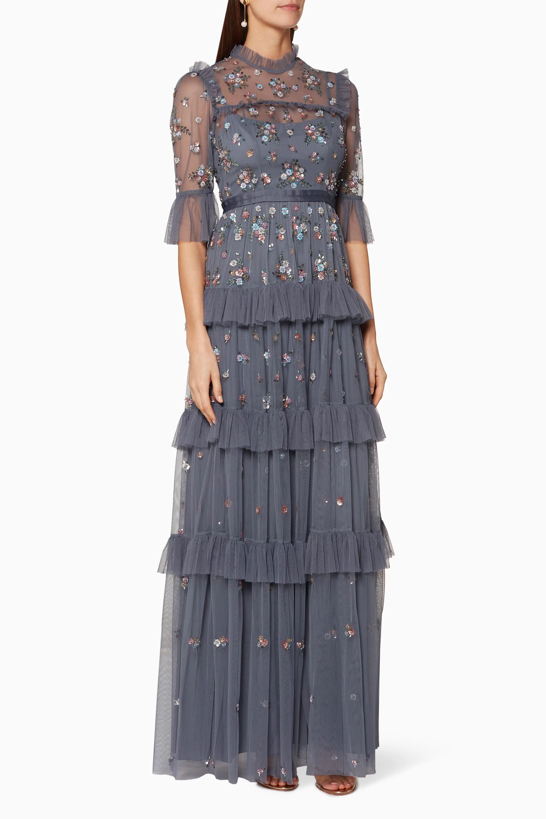 Buy Needle Thread Blue Vintage Navy Embellished Lustre Ruffle Gown for Women Online Ounass Kuwait