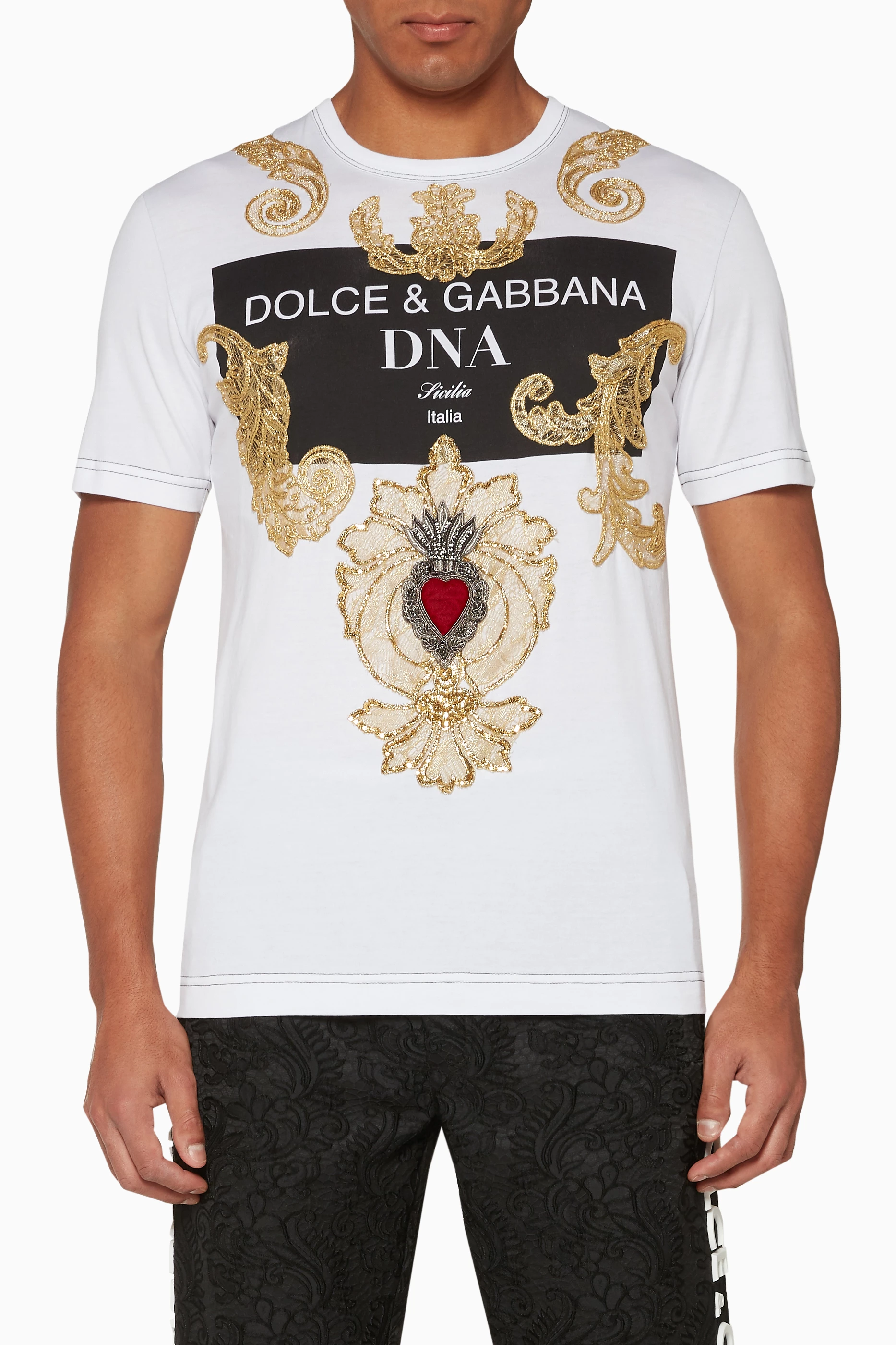 Buy Dolce & Gabbana White DNA Gold Logo Print T-Shirt for Men 