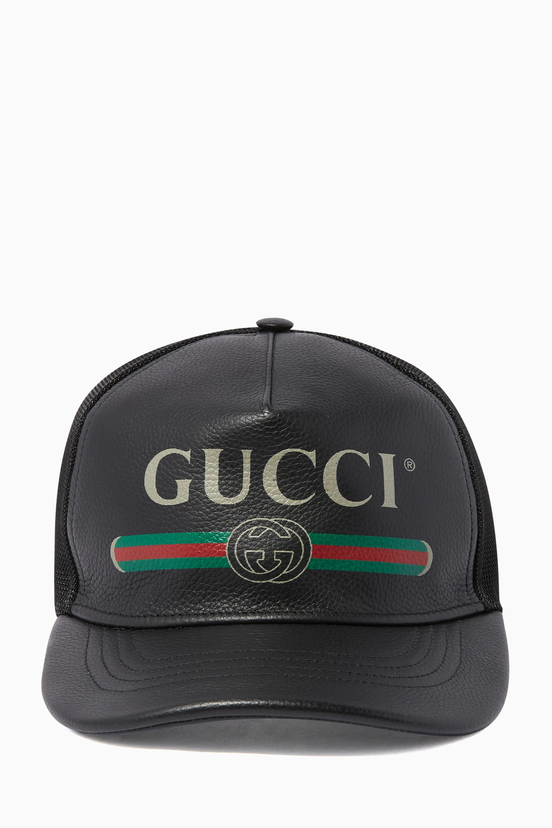 Leather Gucci Black Caps Buy Gucci Black Black Logo Leather