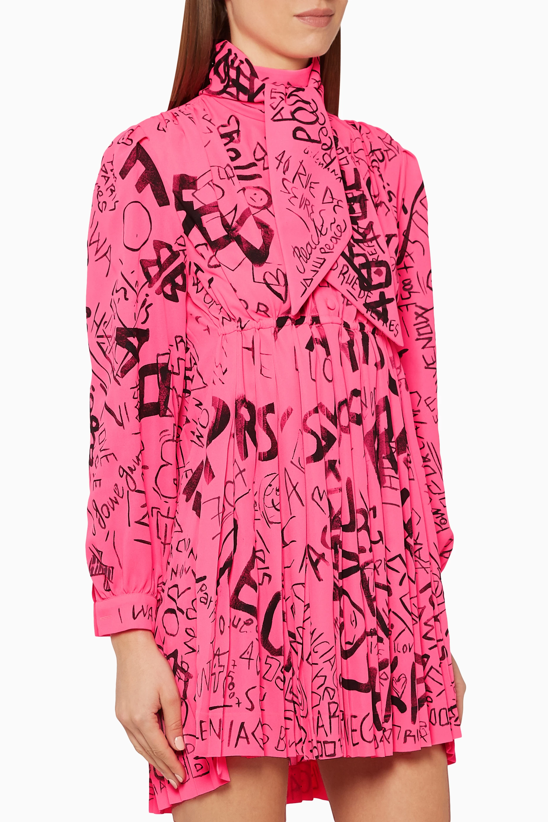 Buy Balenciaga Pink Graffiti Print Pleated Dress for Women Online