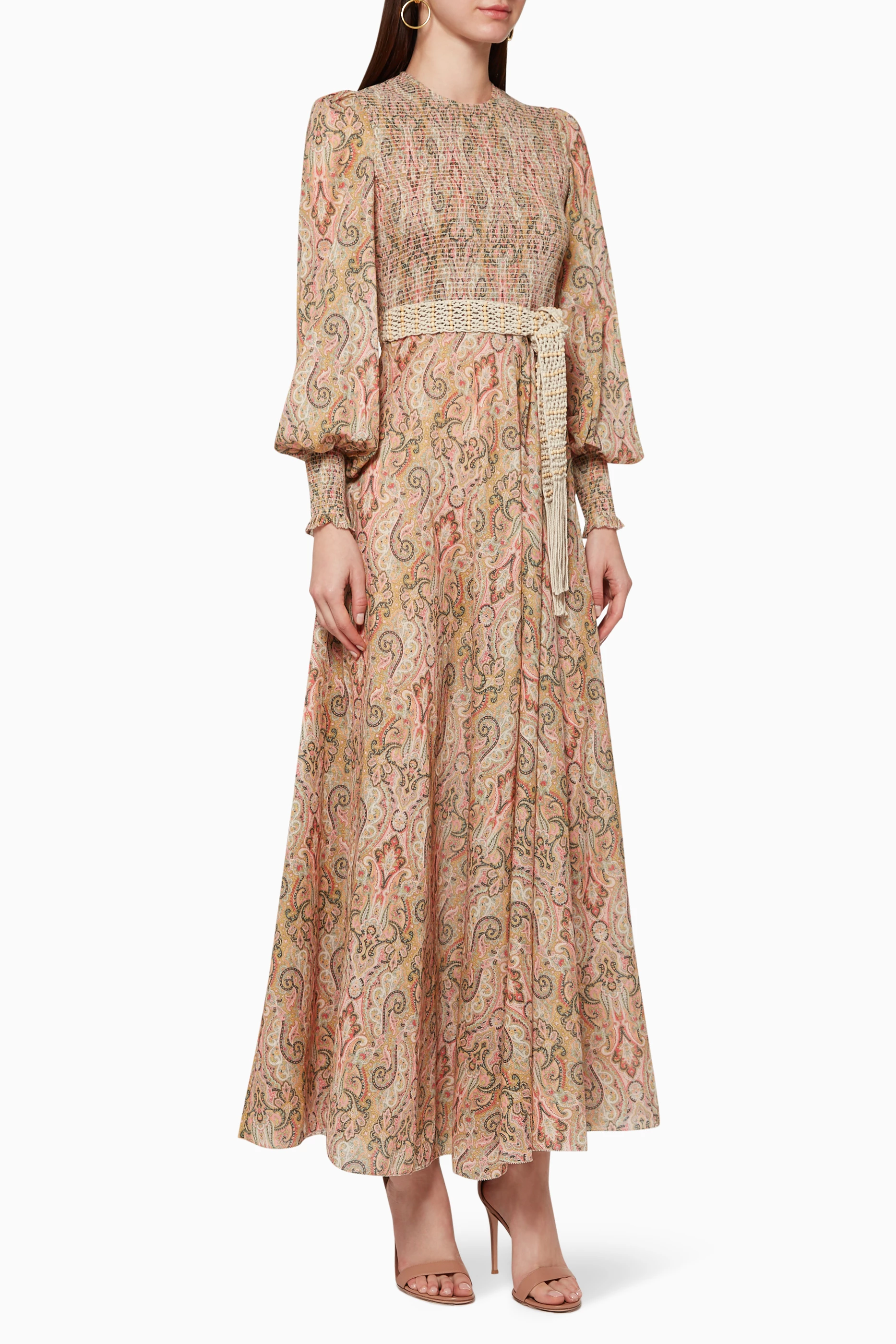 freja paisley long dress Zimmermann Freja Belted Maxi Dress Beige Paisley Print Smocked Cotton   Celebrity Owned