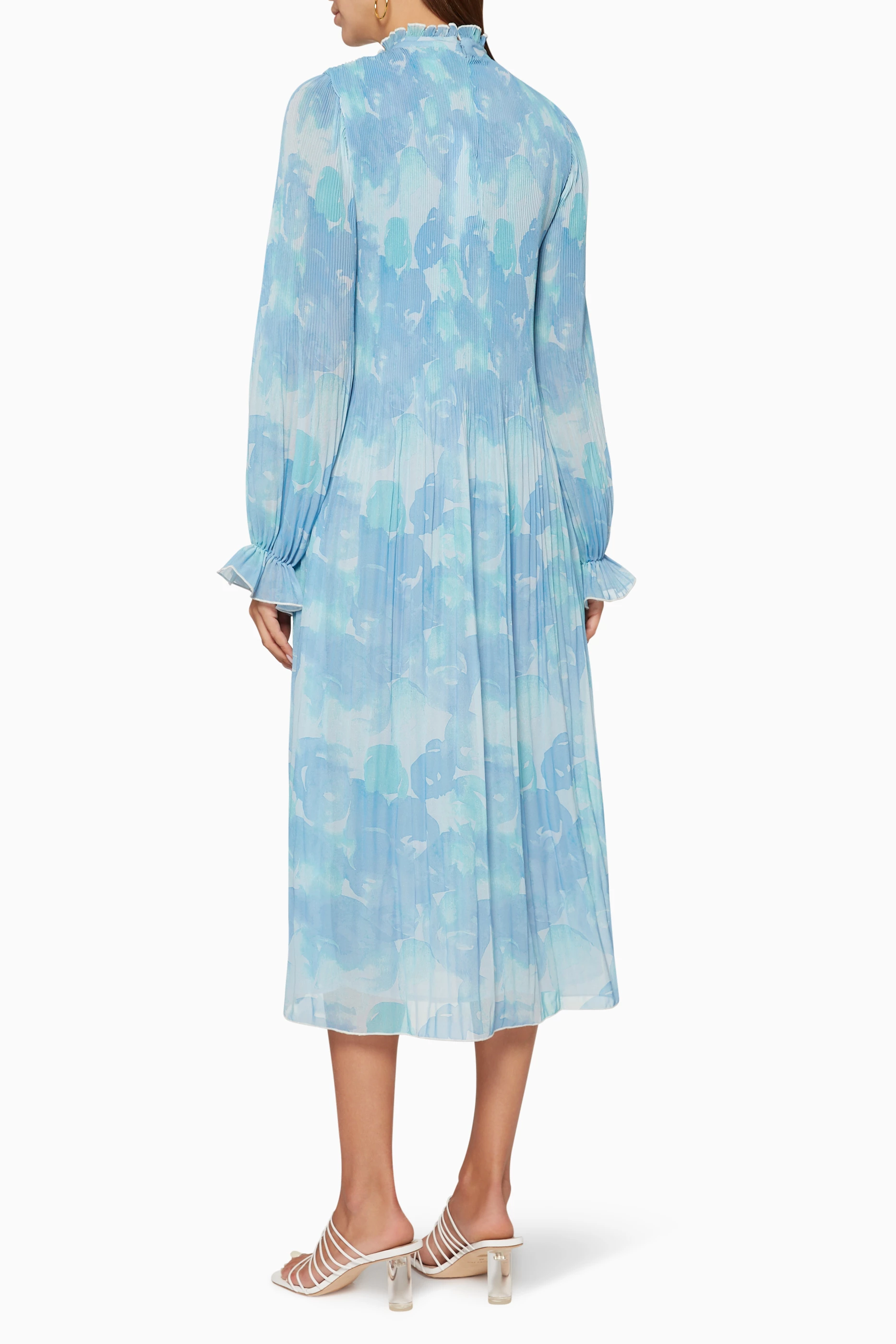 Buy Ganni Blue Pleated Georgette Midi Dress for Women Online | Ounass Kuwait