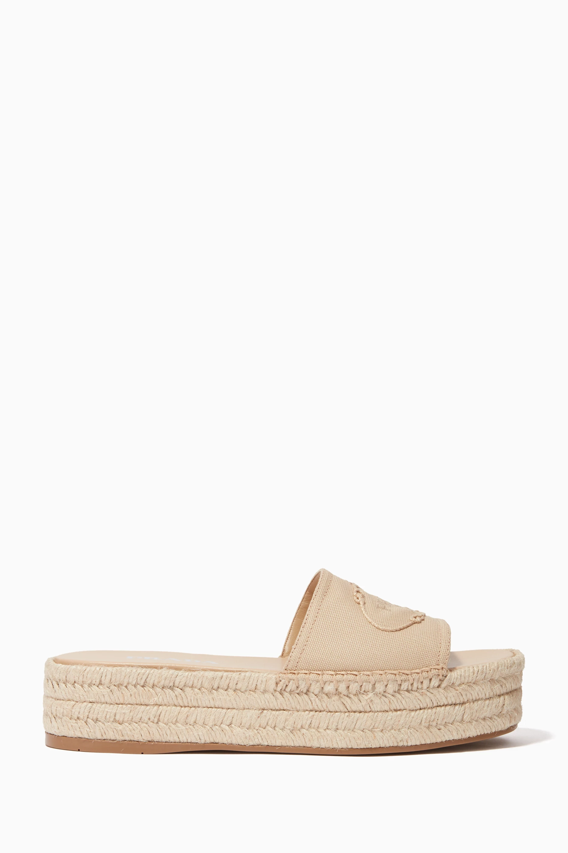 Buy Prada Neutral Logo Canvas Espadrille Platform Slides for Women