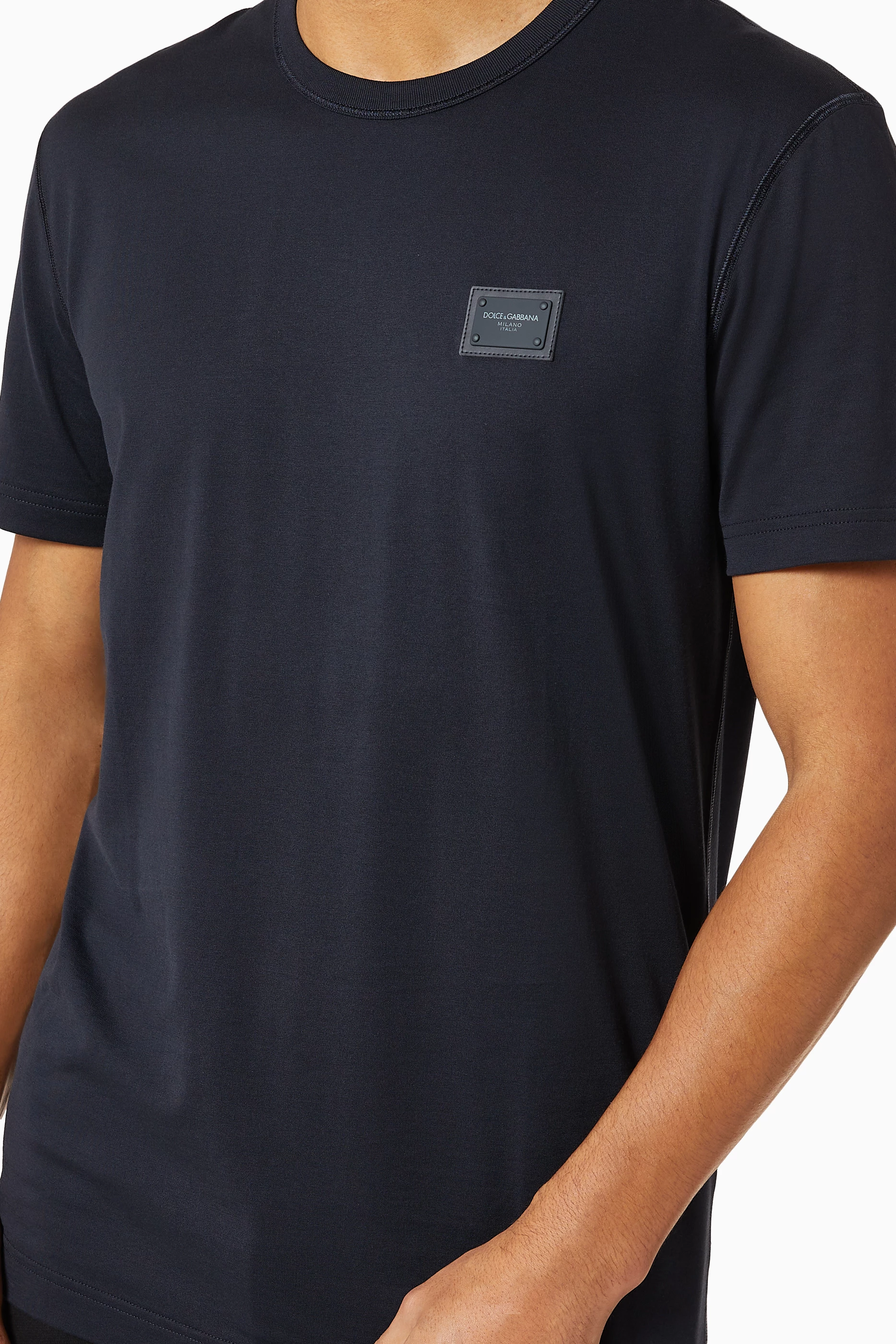 Buy Dolce & Gabbana Blue Logo Plaque Cotton T-Shirt for Men