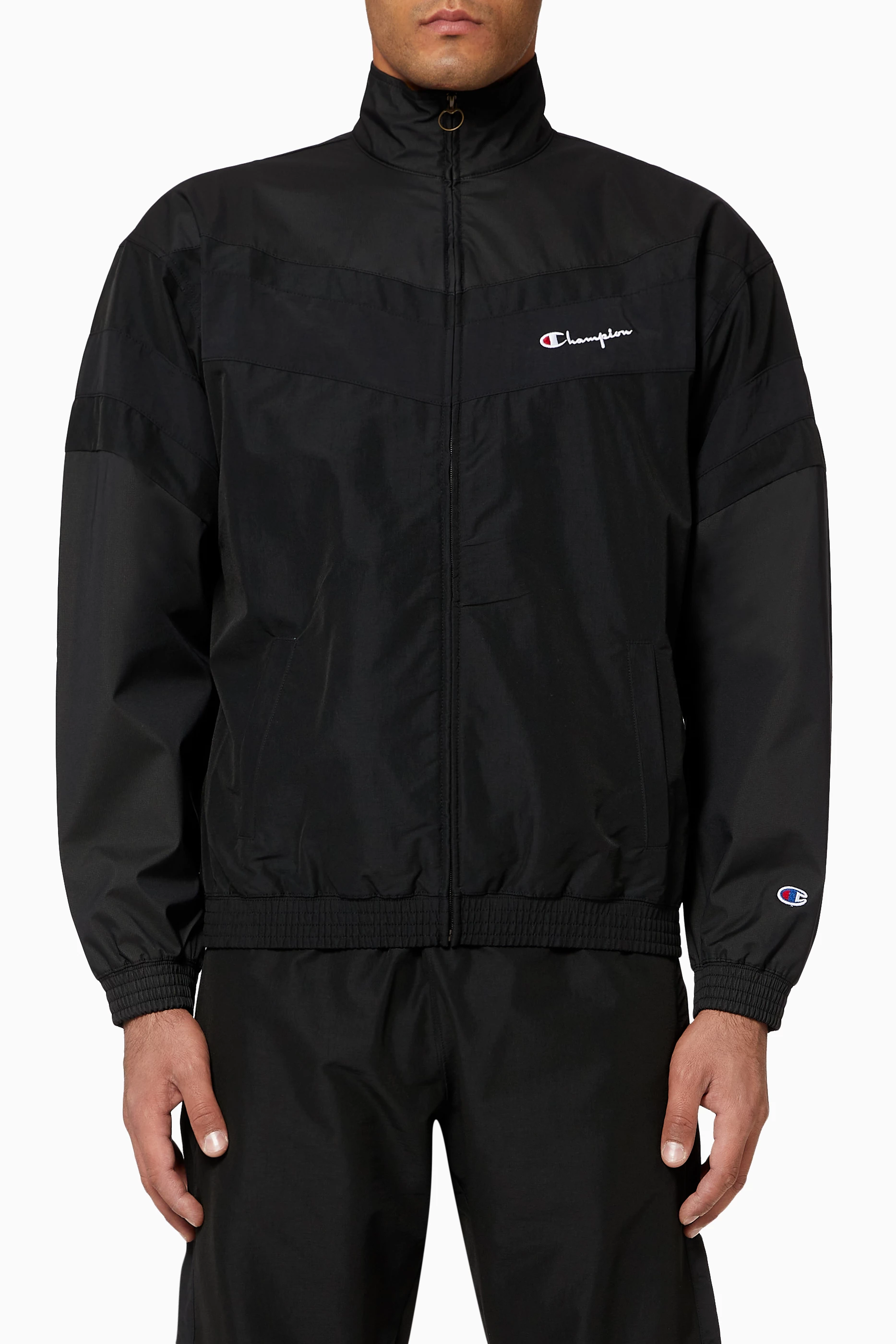 Buy Champion Black Logo Zip Top Nylon Jacket for Men Online 