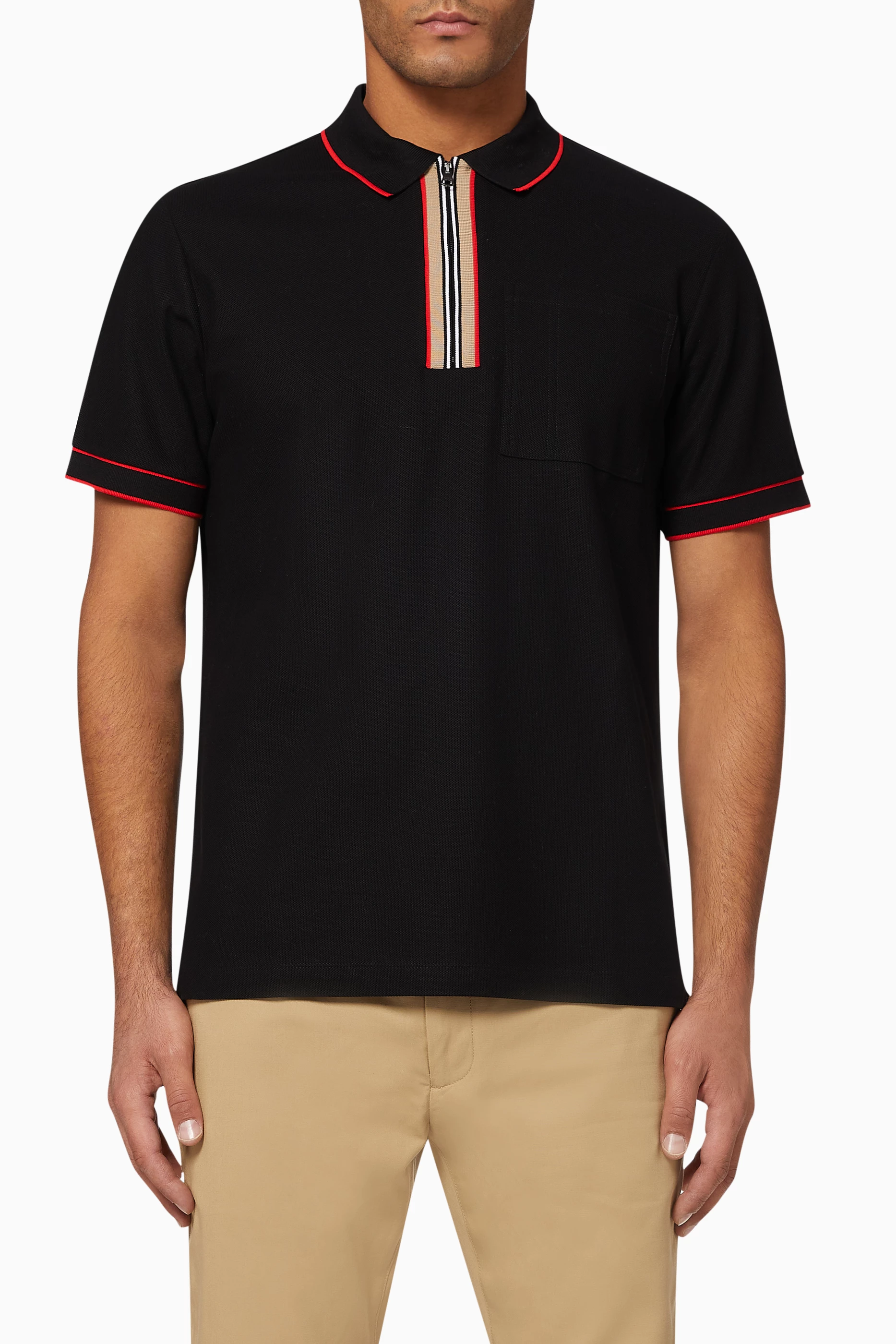 Buy Burberry Black Icon Stripe Cotton Zip Polo Shirt for Men