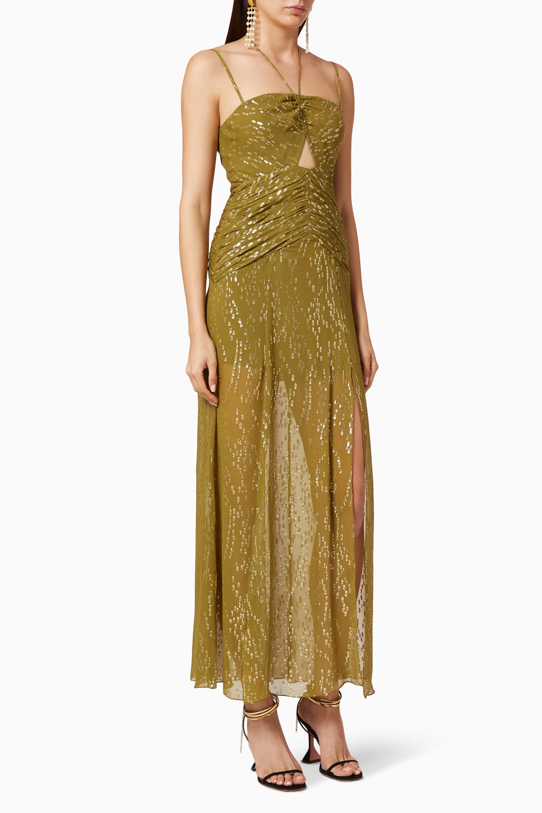 shona joy laura ruched maxi dress All that glitters @kristinarudy in the Laura Silk Ruched Maxi Dress  # ShonaJoy
