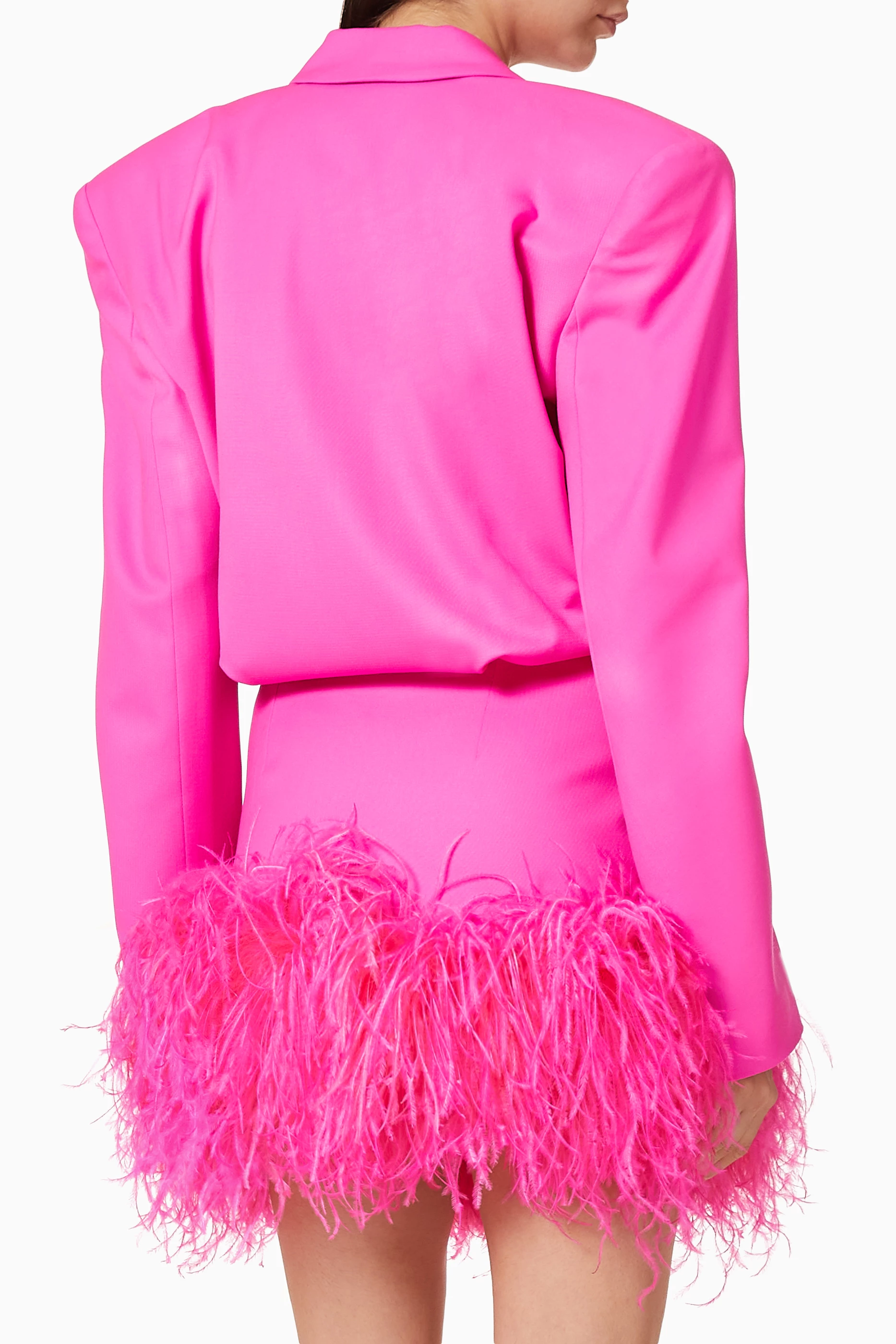 open lace back dress Freja Pink Feather Trim Mini Blazer Dress