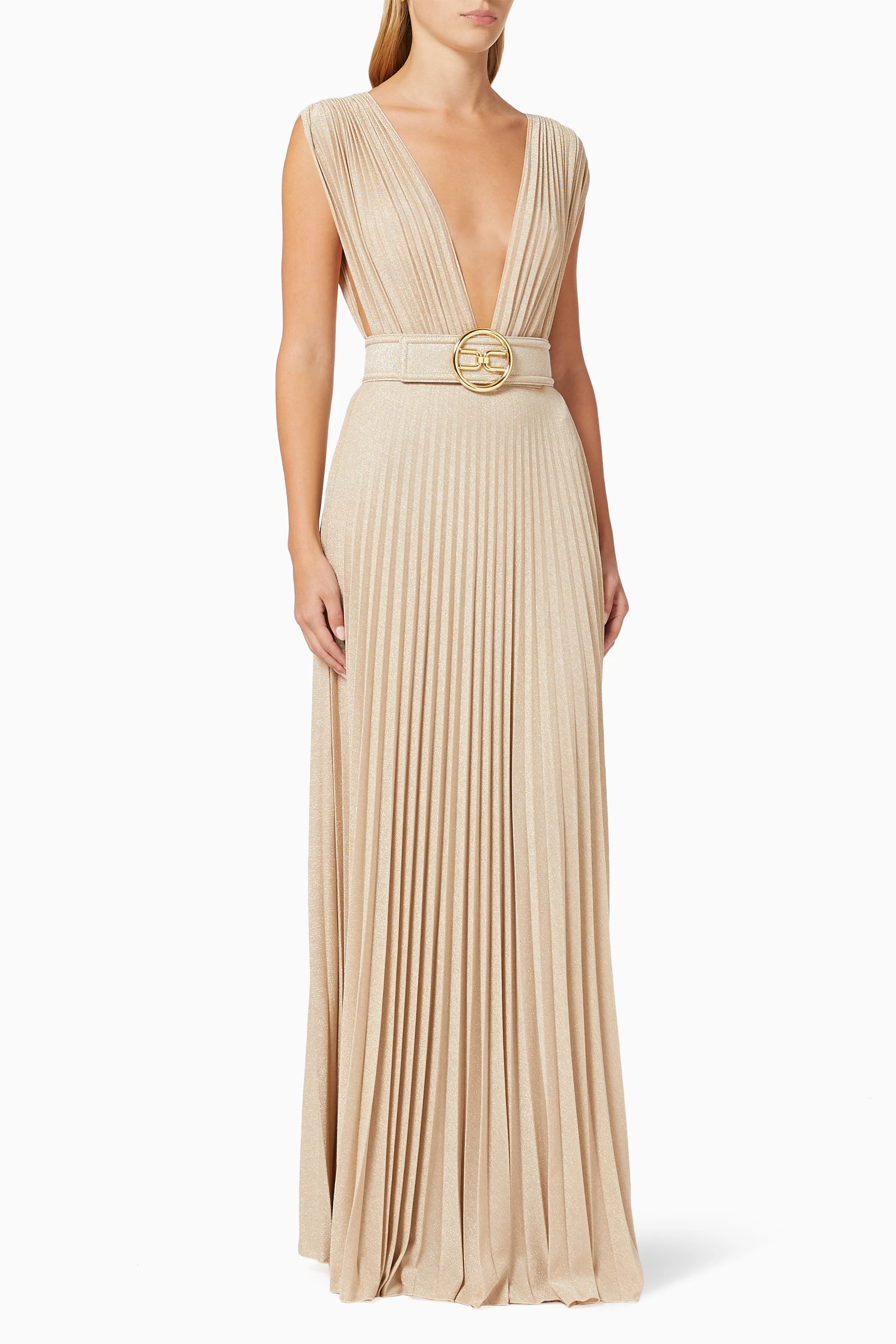 Buy Elisabetta Franchi Gold Pleated Dress in Lurex Jersey