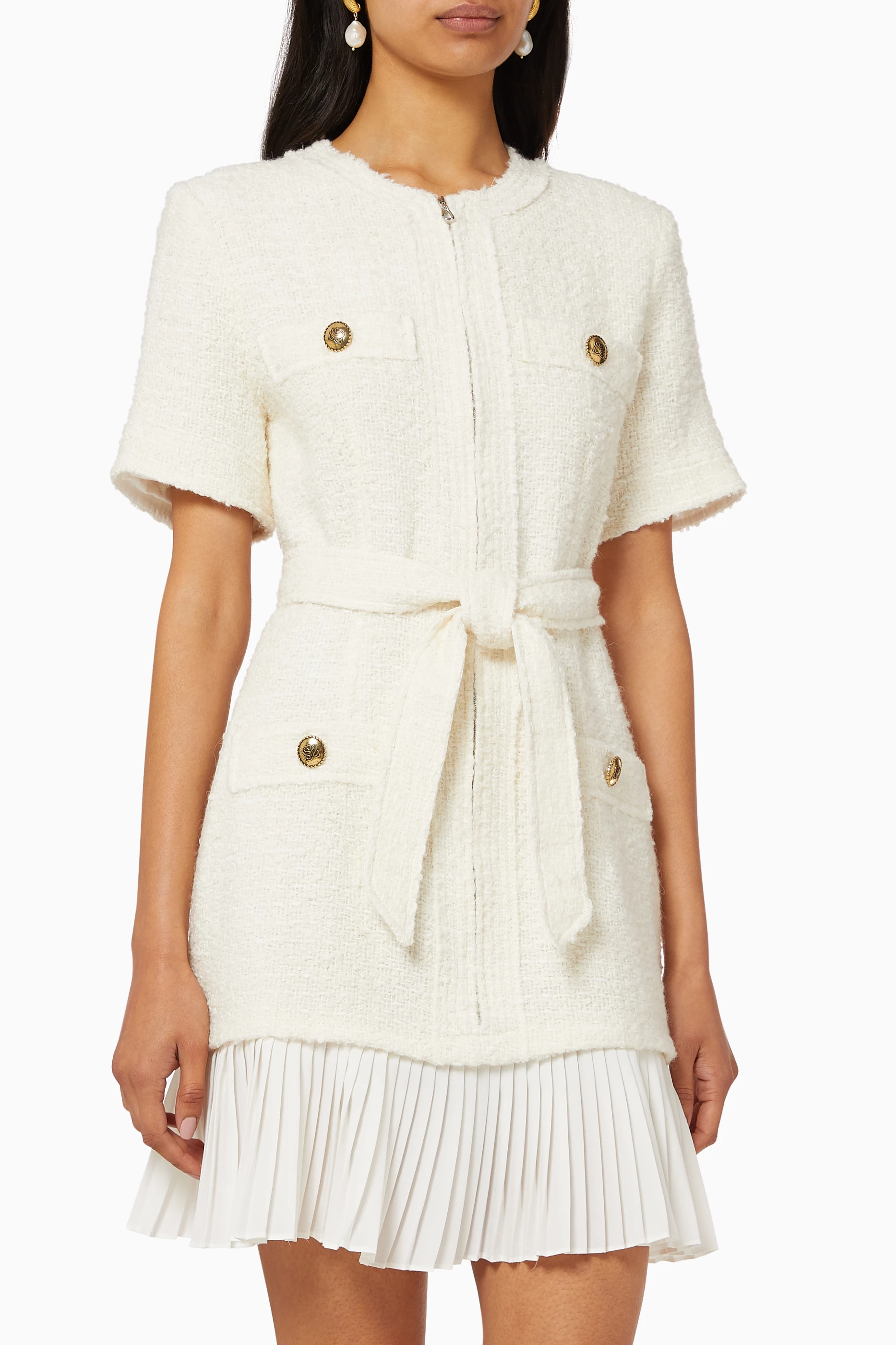 Buy SANDRO White Tweed effect Coat Dress for Women Online Ounass Kuwait