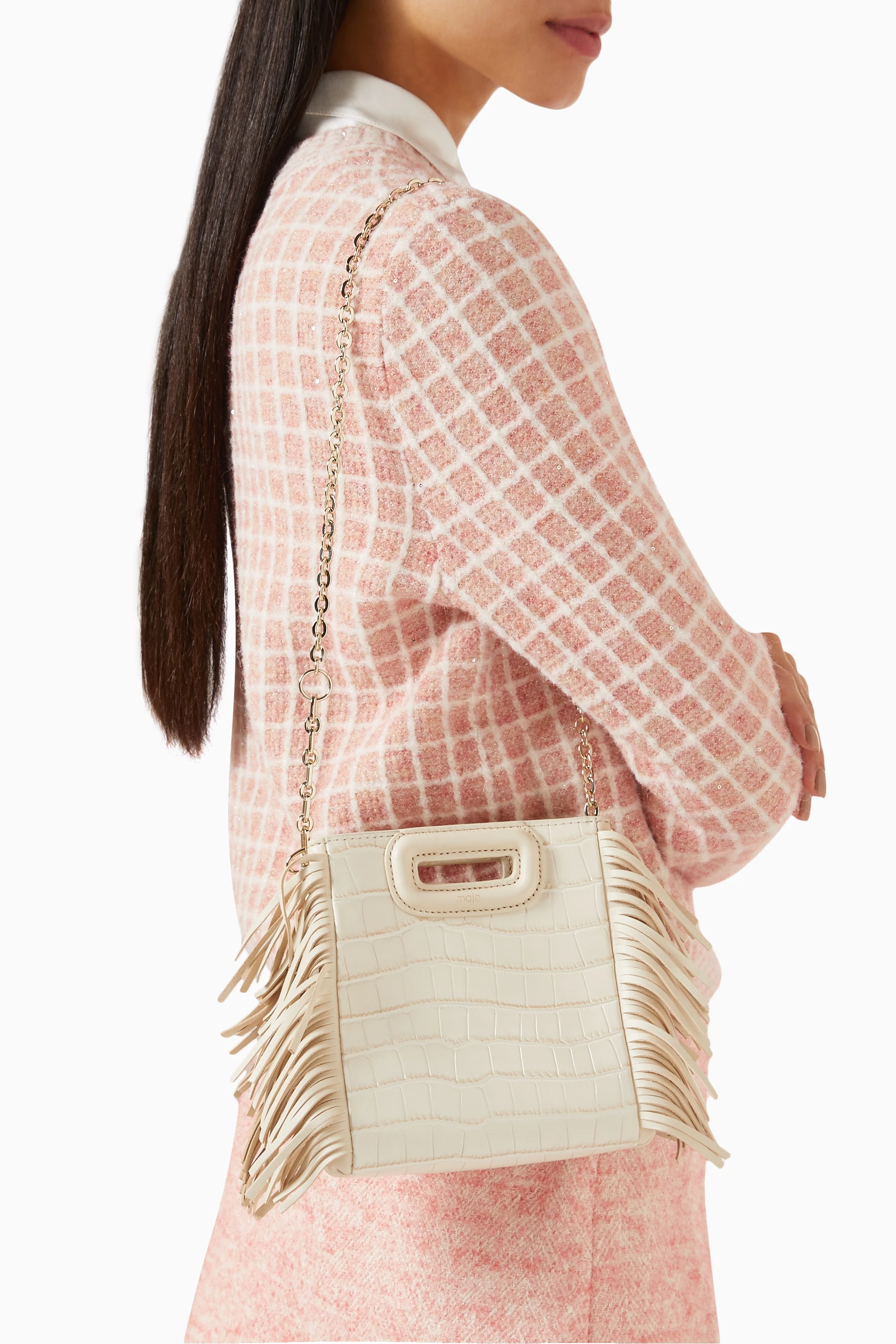 Buy Maje Neutral Mini M Bag in Croc-embossed Leather for Women