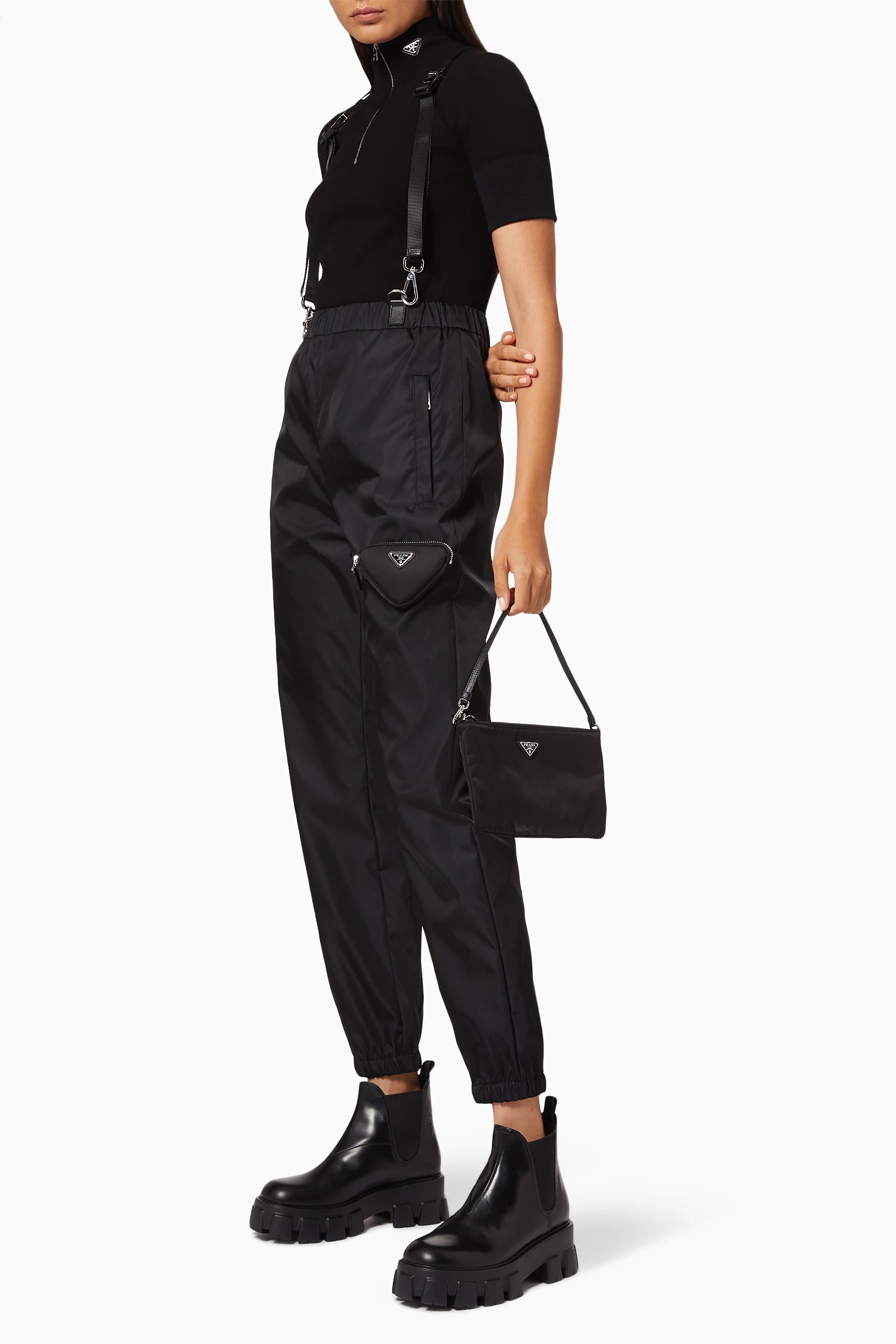 パンツ PRADA 2019AW front zip nylon trousers Buy Prada Black Trousers with Braces & Zip Pouch in Re-Nylon