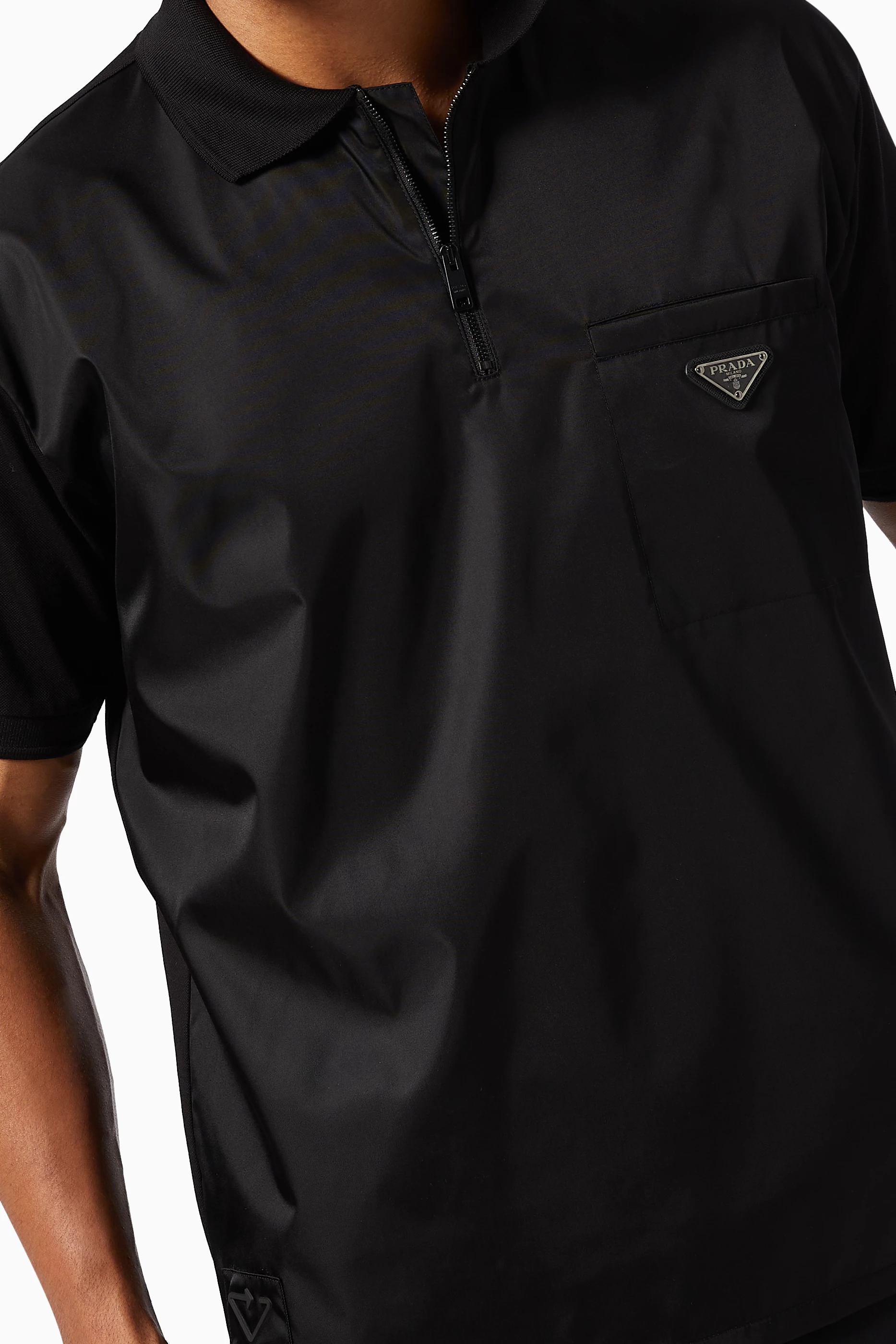 Buy Prada Black Triangle Logo Polo Shirt in Re-Nylon & Cotton for