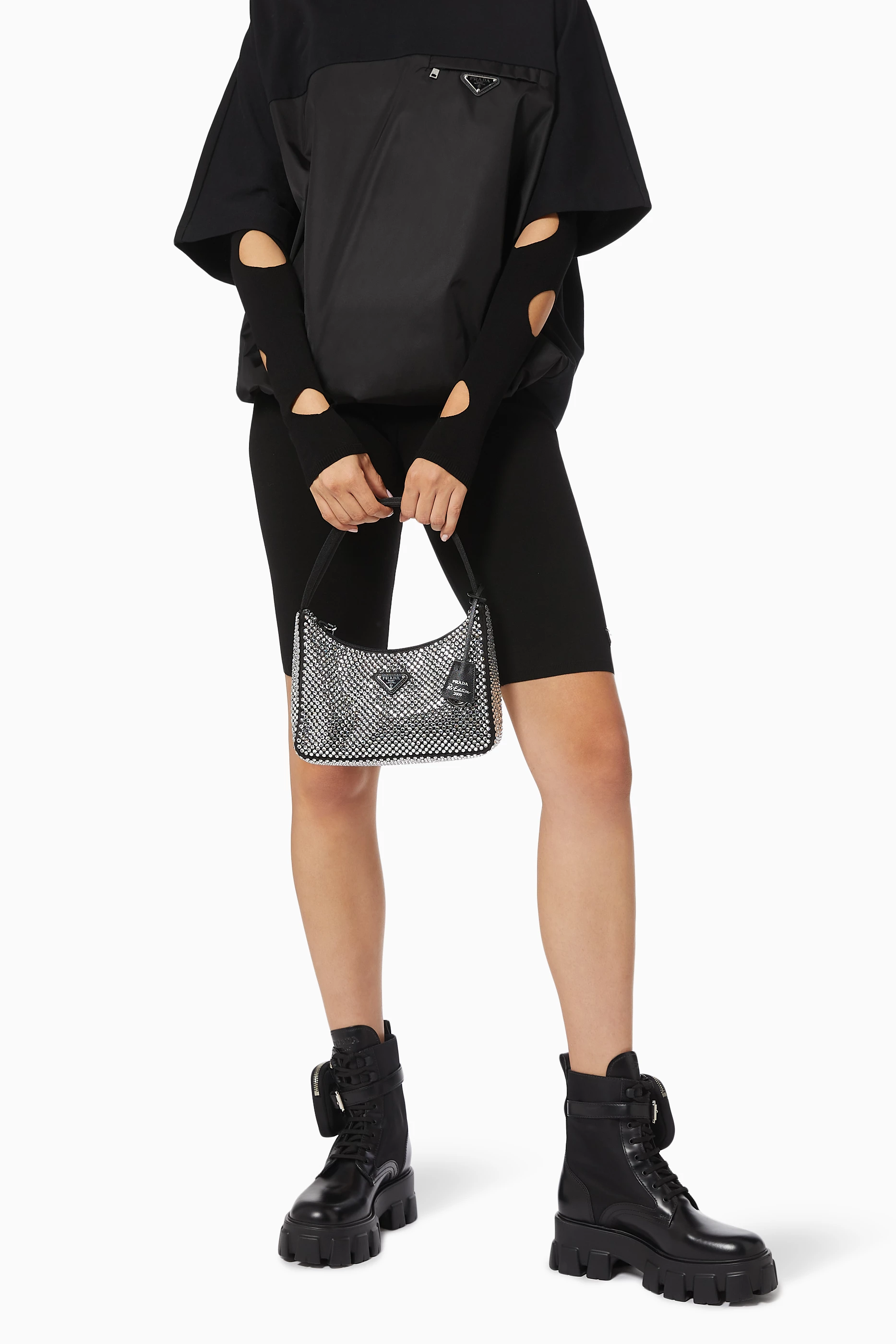 Buy Prada Silver Triangle Logo Mini Hobo Bag in Crystal