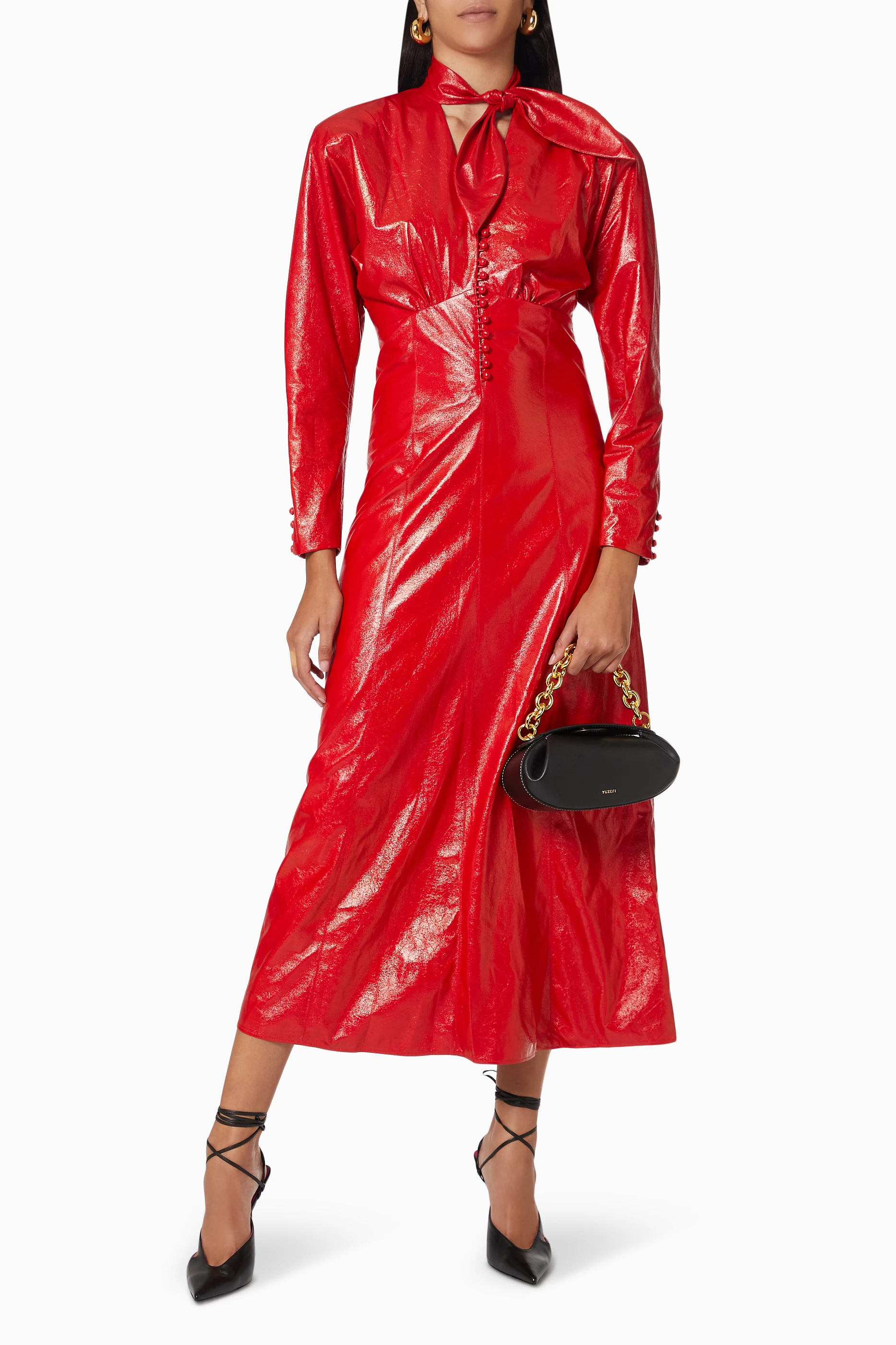 knee length dresses for ladies Red Faux Leather Midi Dress
