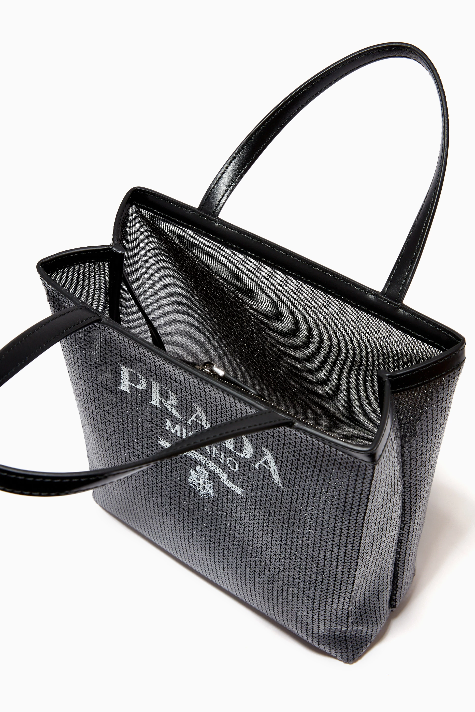 【PRADA】MESH TOTE BAG Prada Black Sequin Mesh And Leather Small Tote Bag