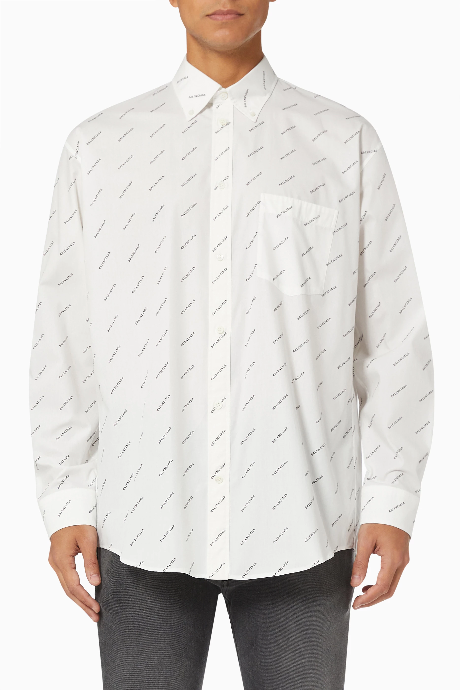 Buy Balenciaga White All over Logo Shirt in Cotton Poplin for Men Online Ounass Kuwait
