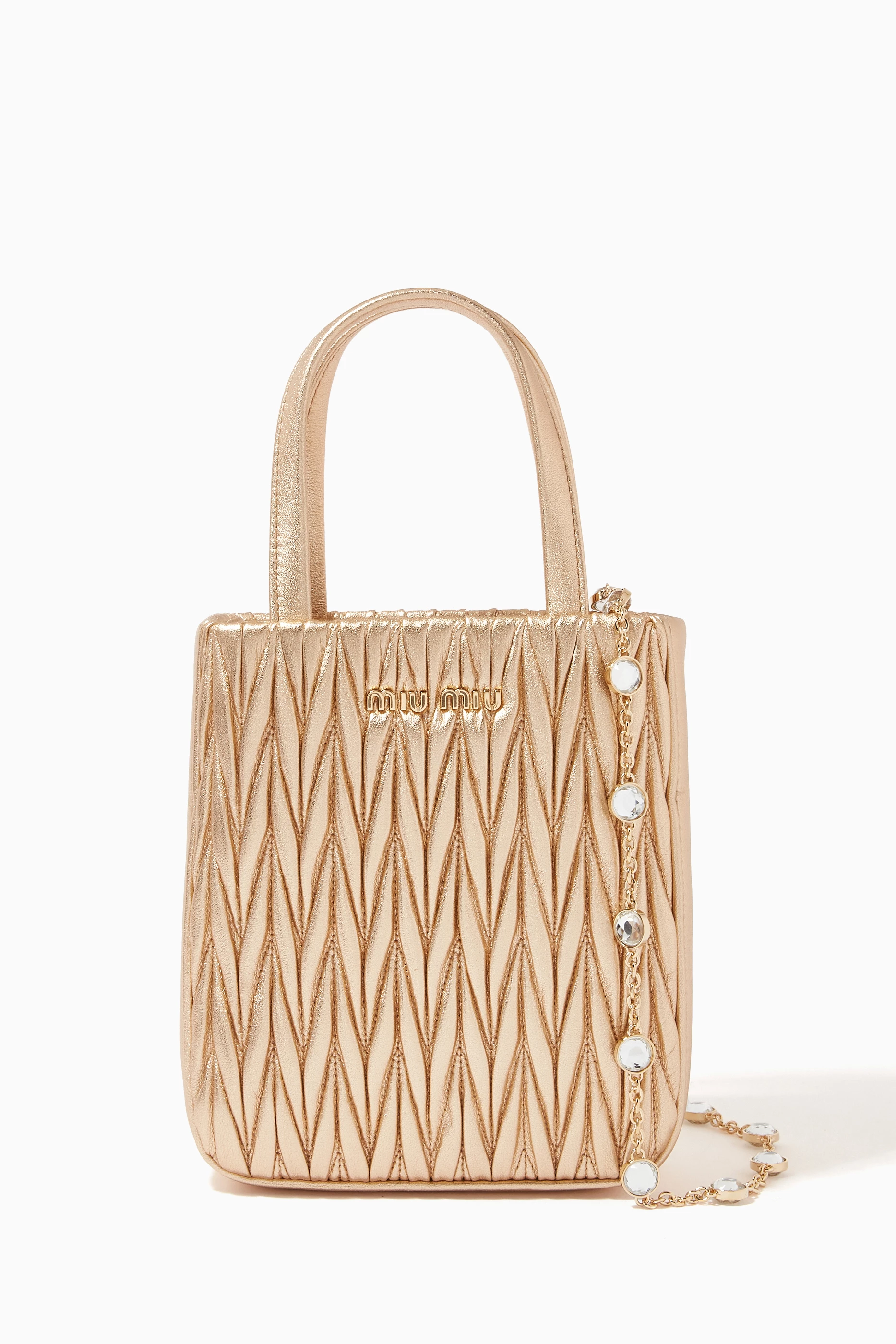 Buy Miu Miu Gold Small Tote Bag in Metallic Matelassé Nappa for