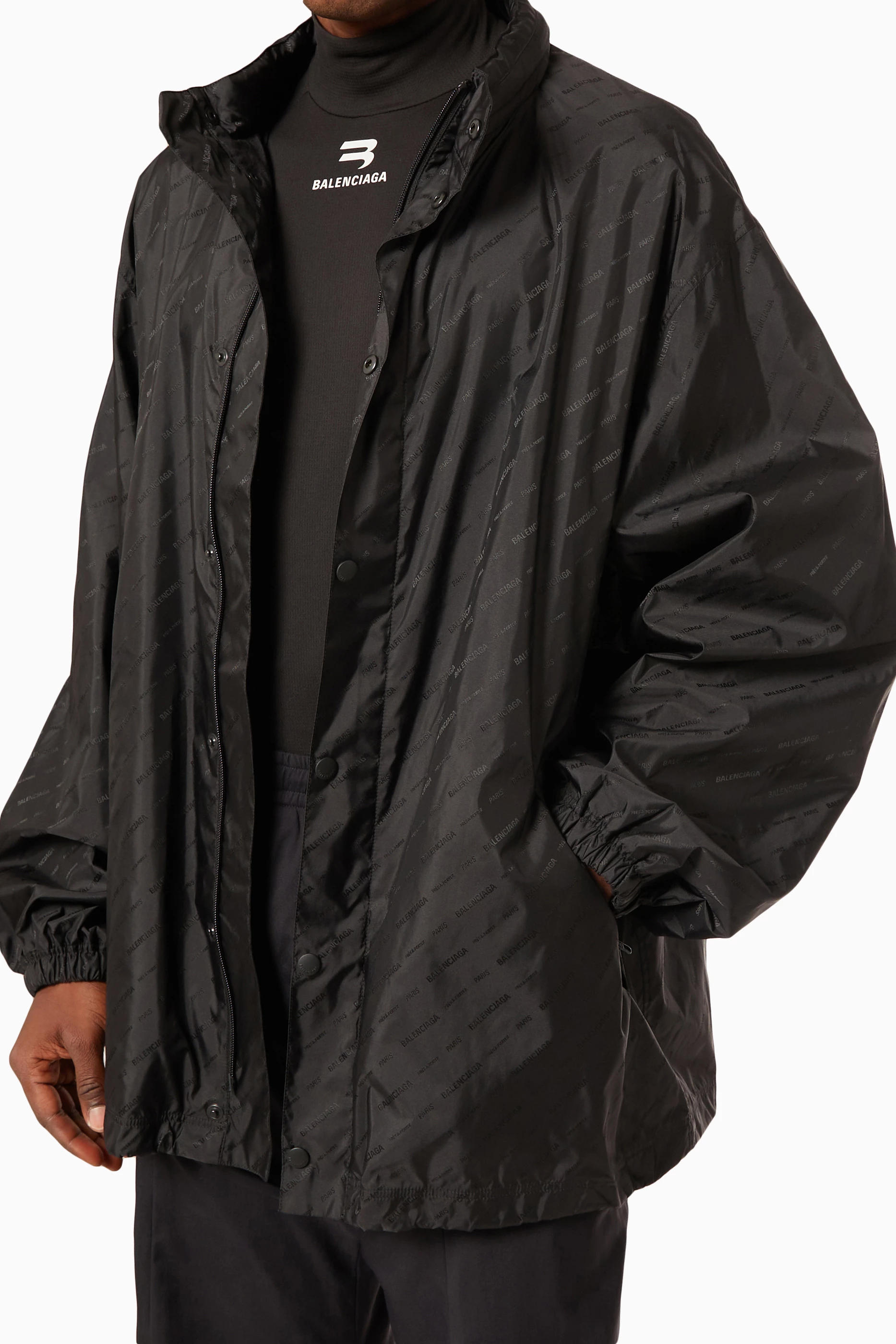 Buy Balenciaga Black Allover Logo Rain Jacket in Nylon Jacquard