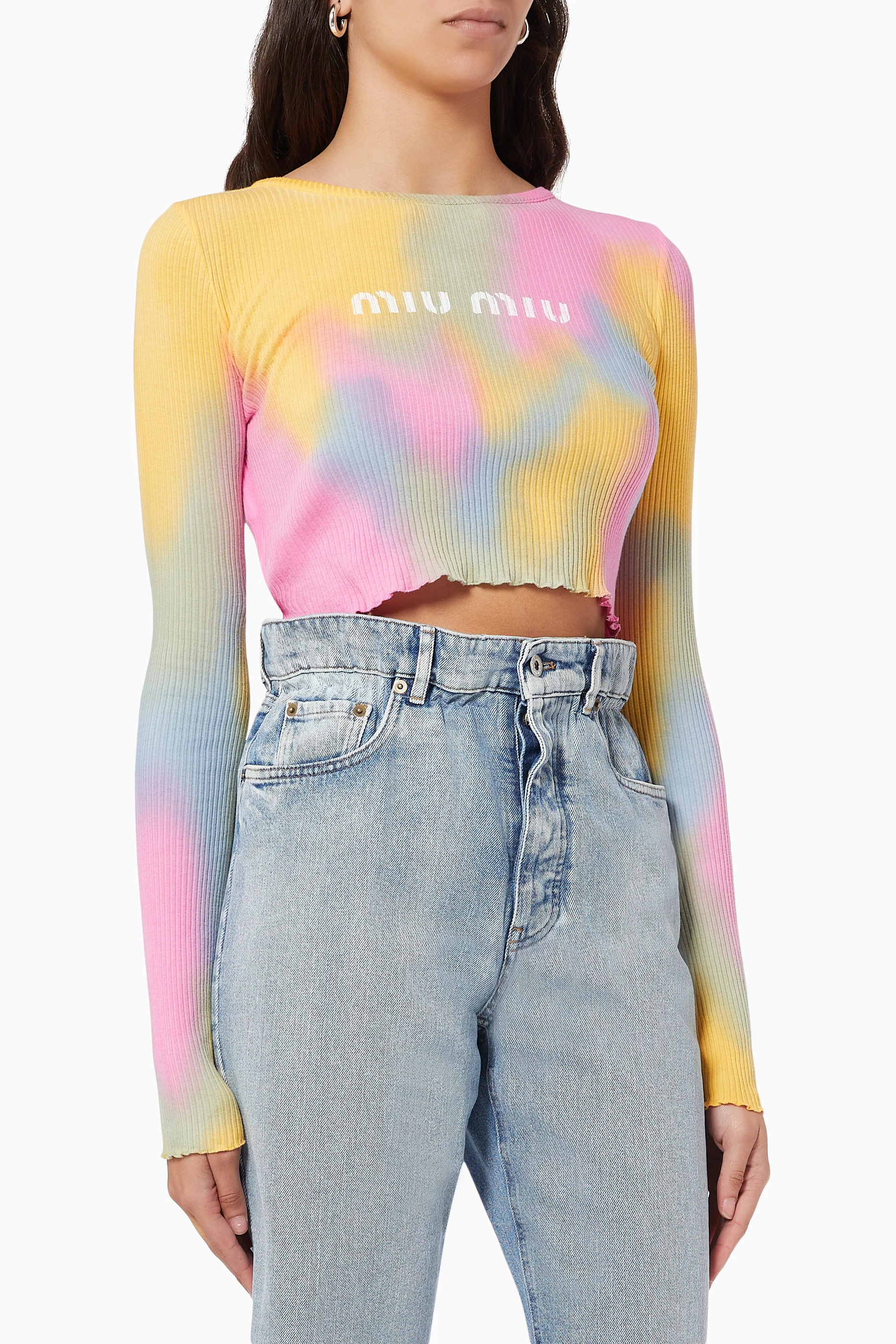 Buy Miu Miu Multicolour Logo Print Top in Tie Dye Ribbed Knit