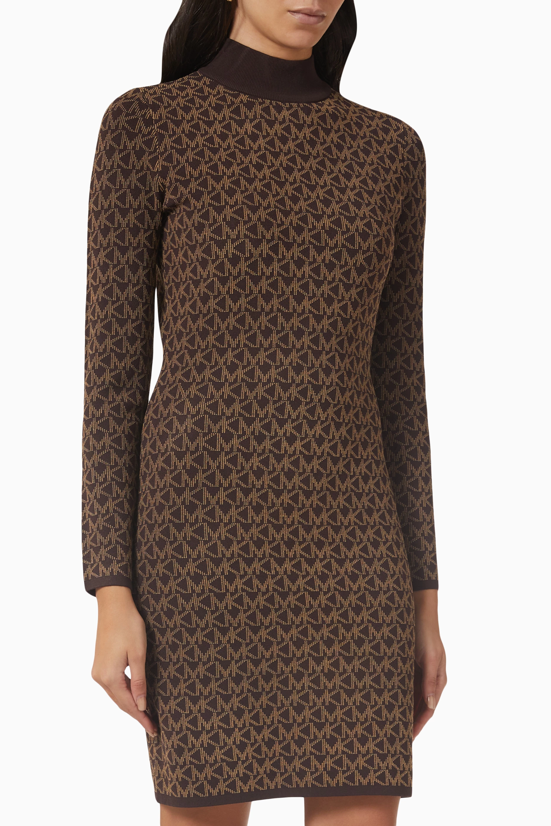 Buy Michael Kors Brown Logo Mockneck Dress in Recycled-jacquard