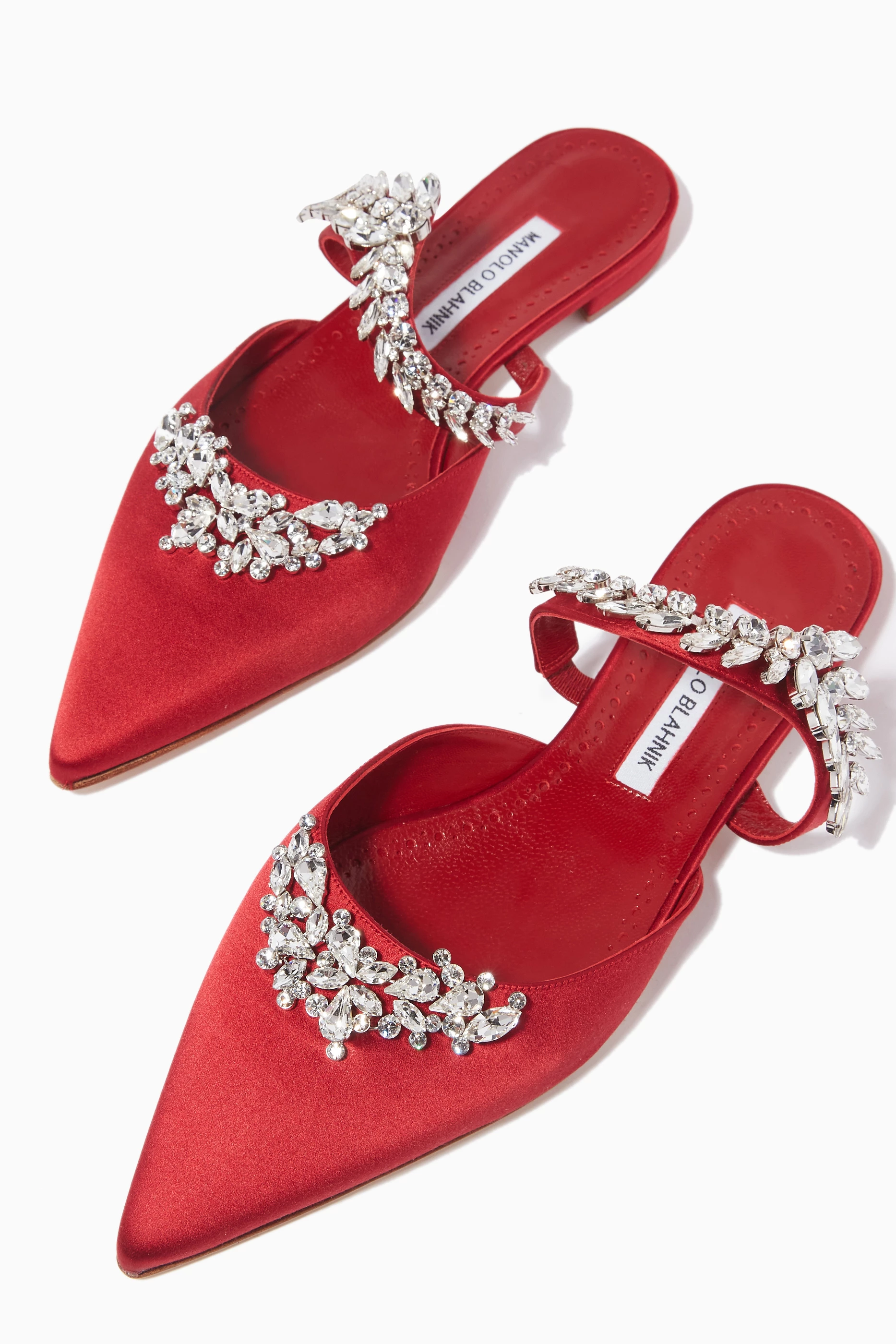 Buy Manolo Blahnik Red Lurum Flat Mules in Satin for Women Online