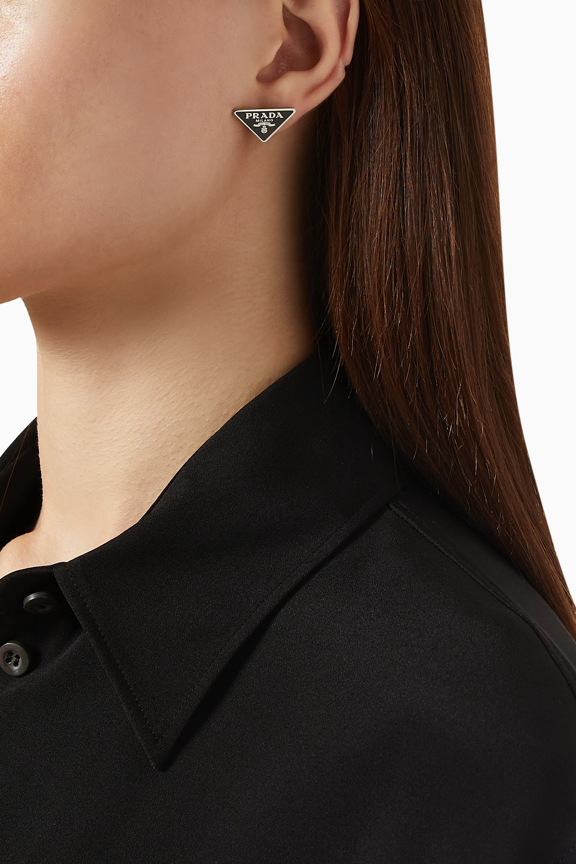 Buy Prada Black Triangle Logo Enamel Stud Earrings in Sterling