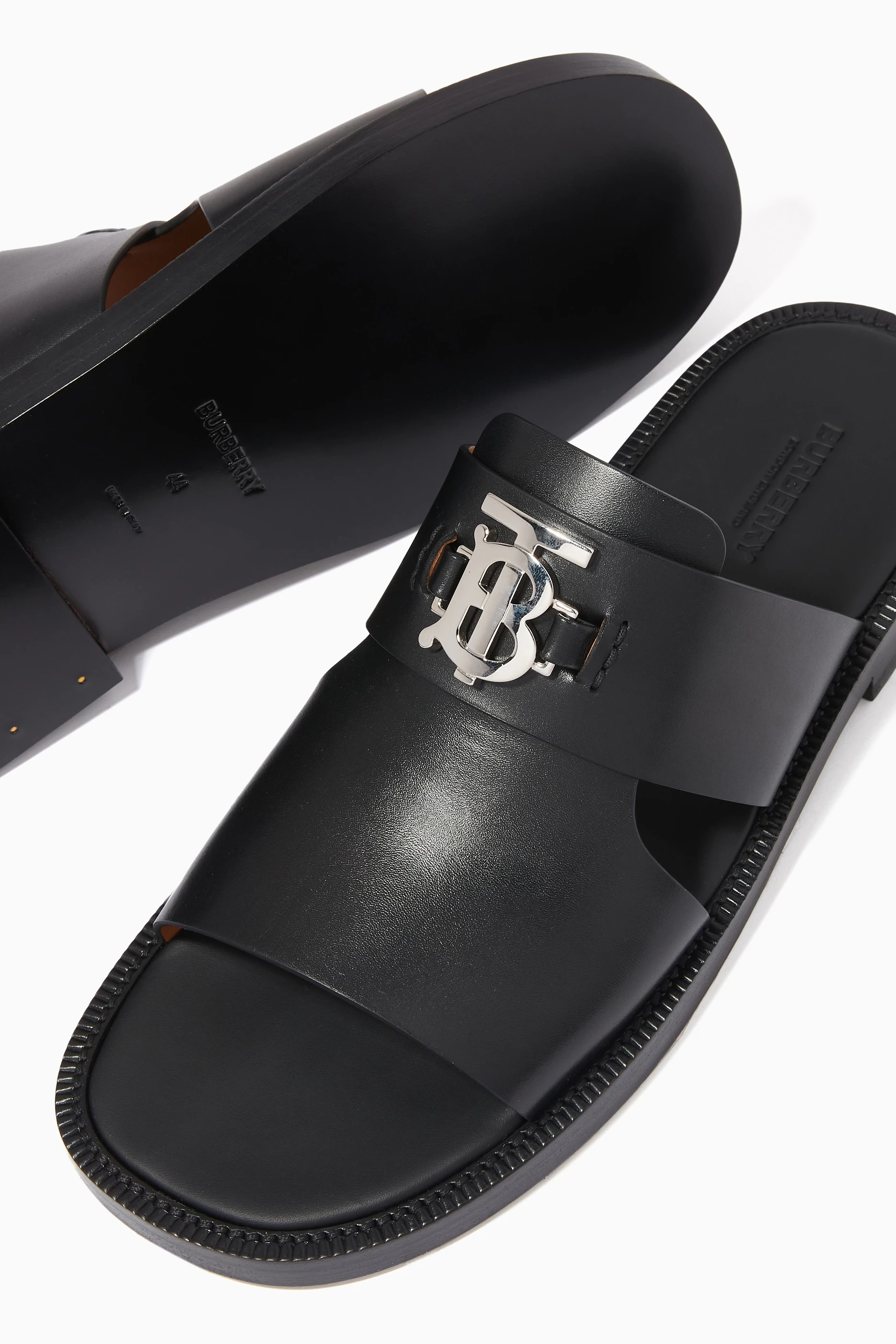 Buy Burberry Black Monogram Motif Slide Sandals in Leather for Men Online Ounass Kuwait
