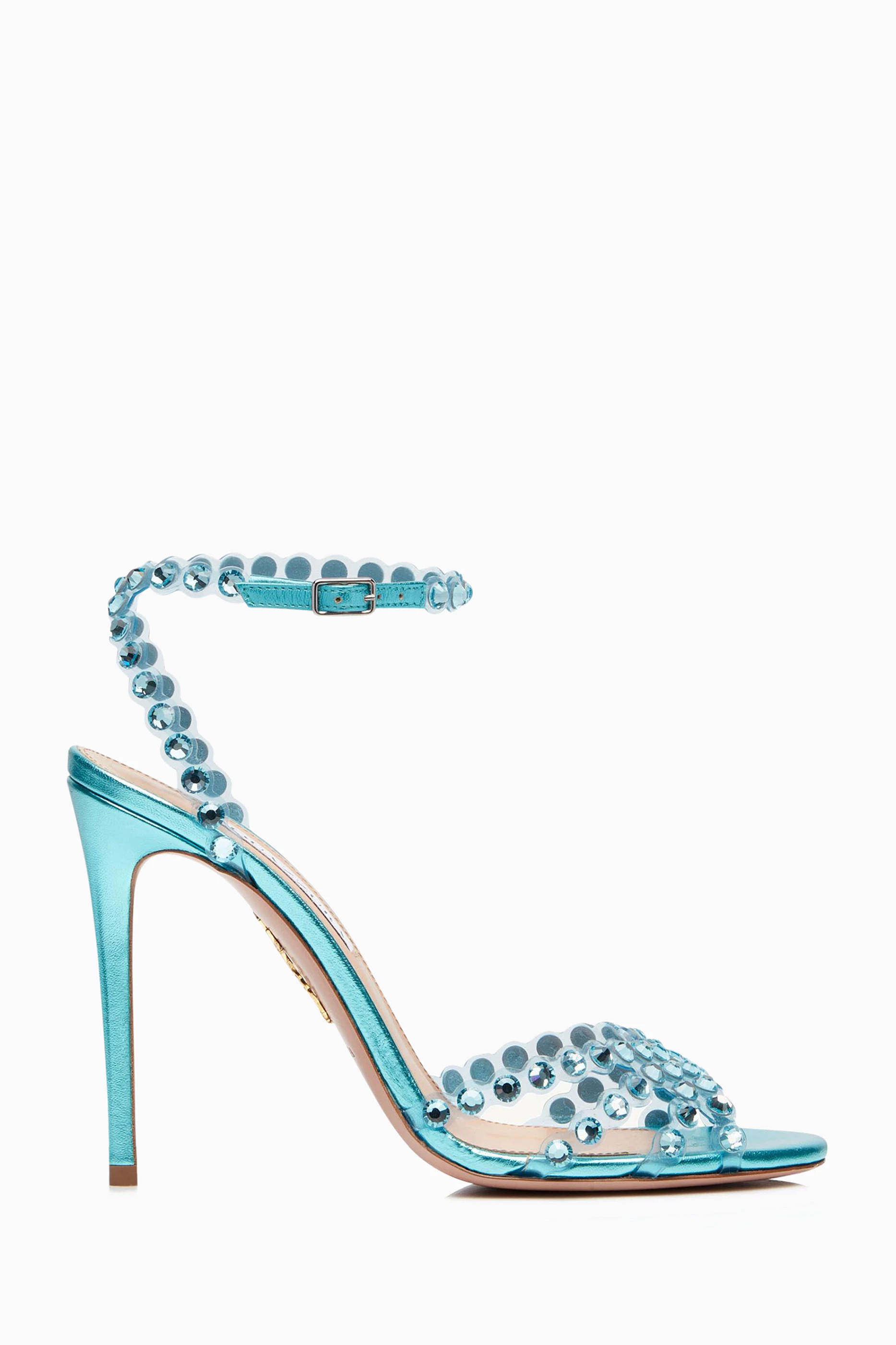 Buy Aquazzura Blue Tequila 105 Sandals in Plexi Metallic Nappa