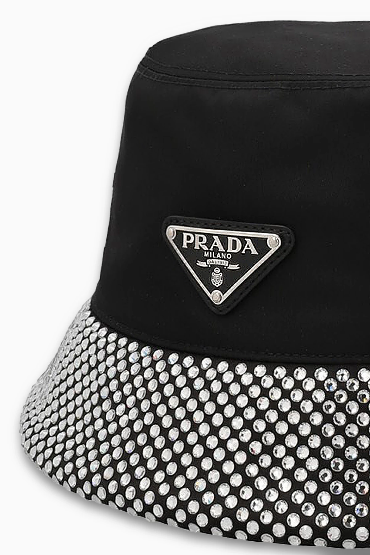Buy Prada Grey Triangle Logo Crystal Bucket Hat in Re-nylon