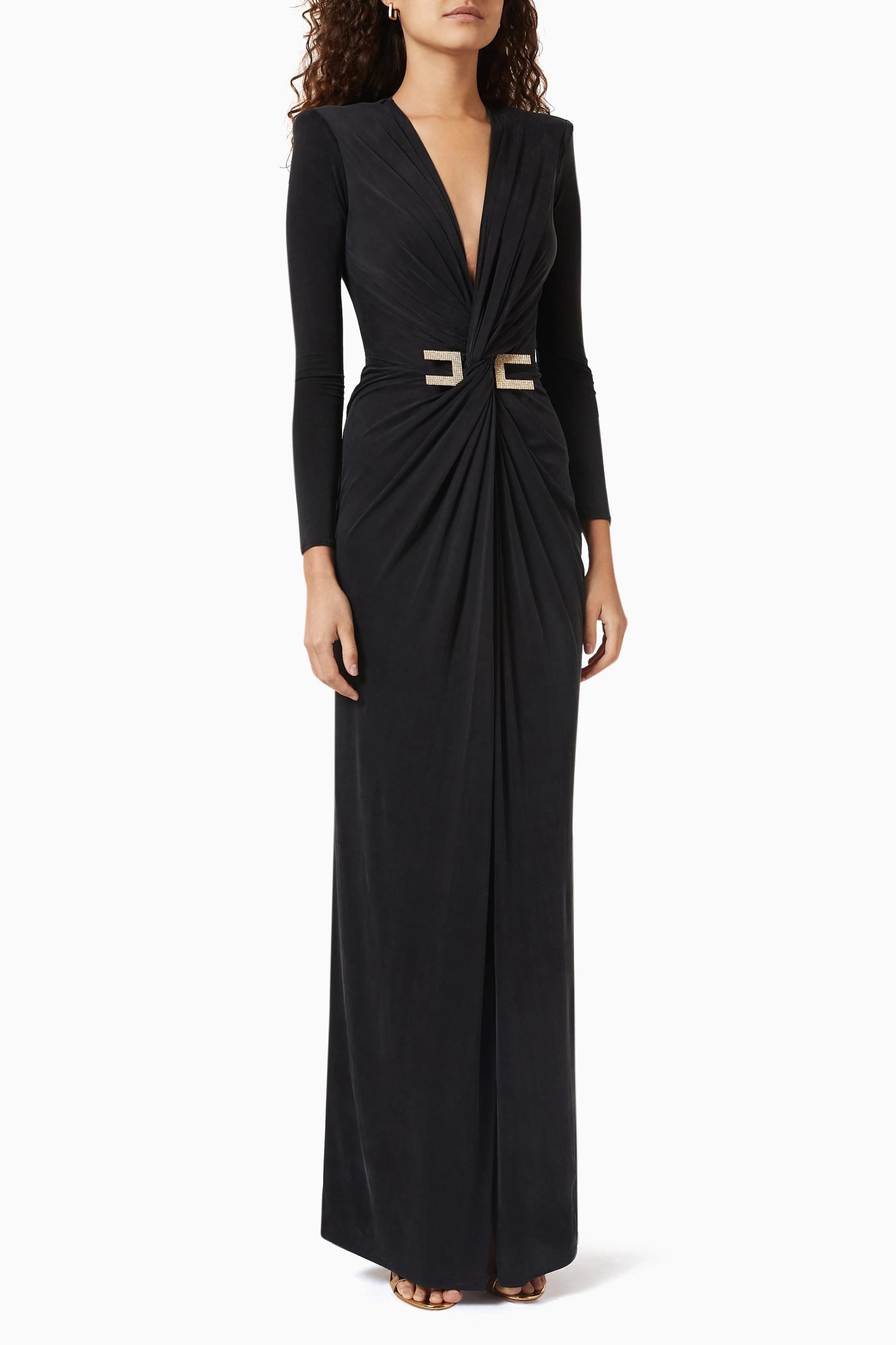 残1点【ELISABETTA FRANCHI】ロングパイソン柄ドレス 黒 Vネック Elisabetta Franchi - Long Model with Bodice - Black - Dress