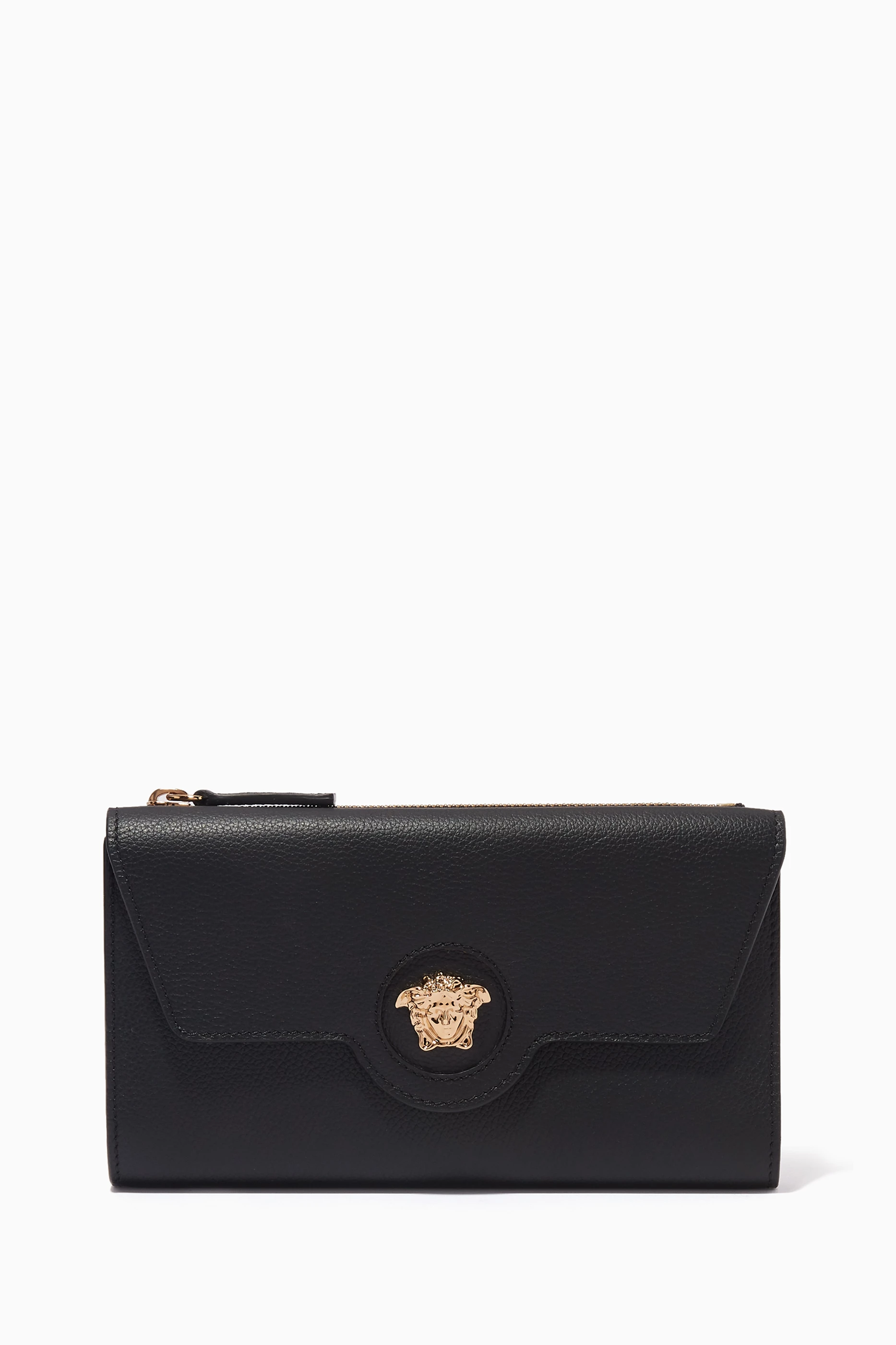 【送料&関税込】Versace Long Wallet With Logo Versace Logo Quilted Leather Long Zippered Wallet Ivory