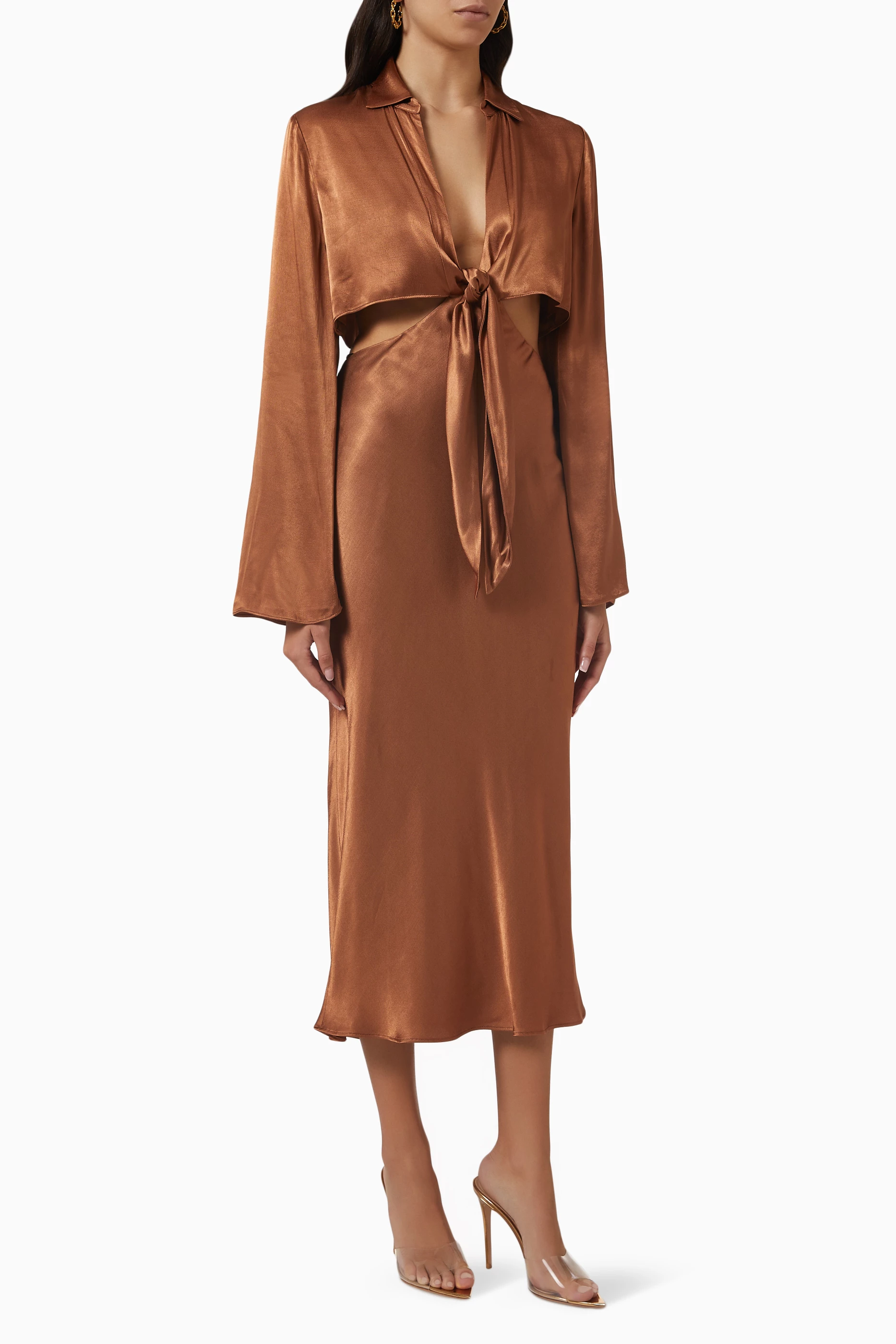 Buy Shona Joy Brown Felicity Tie-front Midi Dress in EcoVero-viscose for  Women Online | Ounass Kuwait