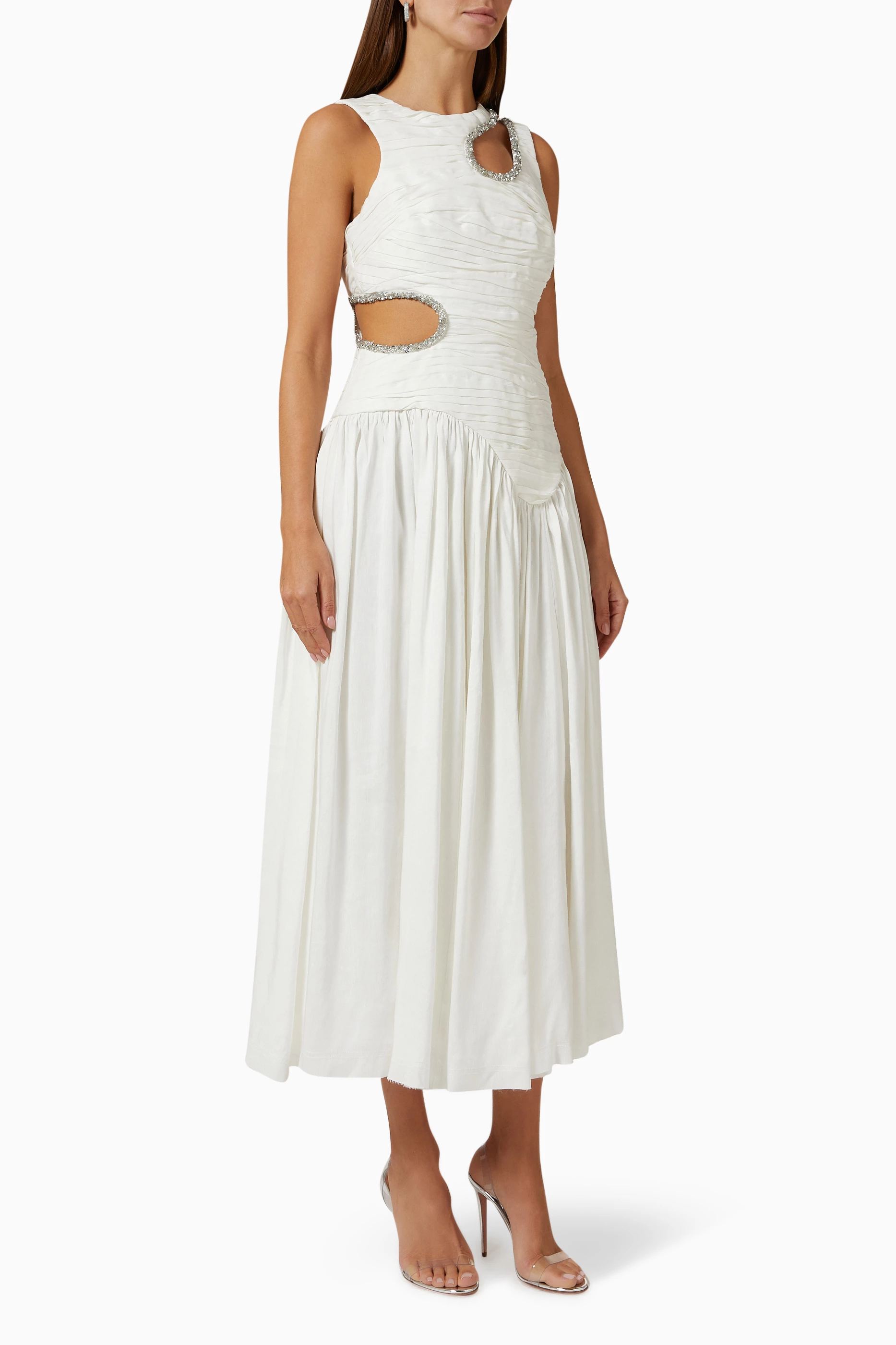 Buy Aje Neutral Jolie Abstract Cut Out Midi Dress in Linen for Women Online  | Ounass Kuwait
